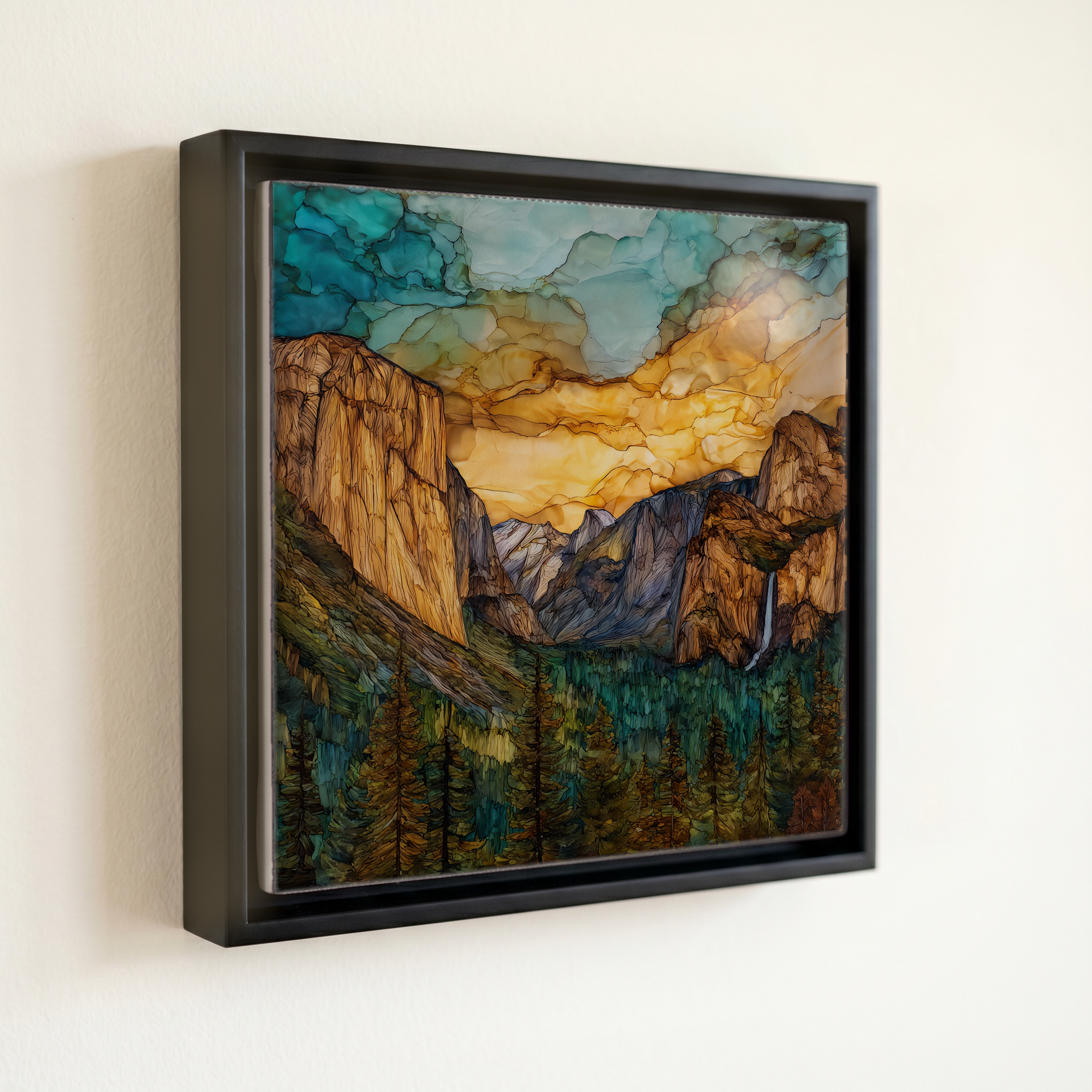 shown in a slim black floating frame · 6 × 6 in