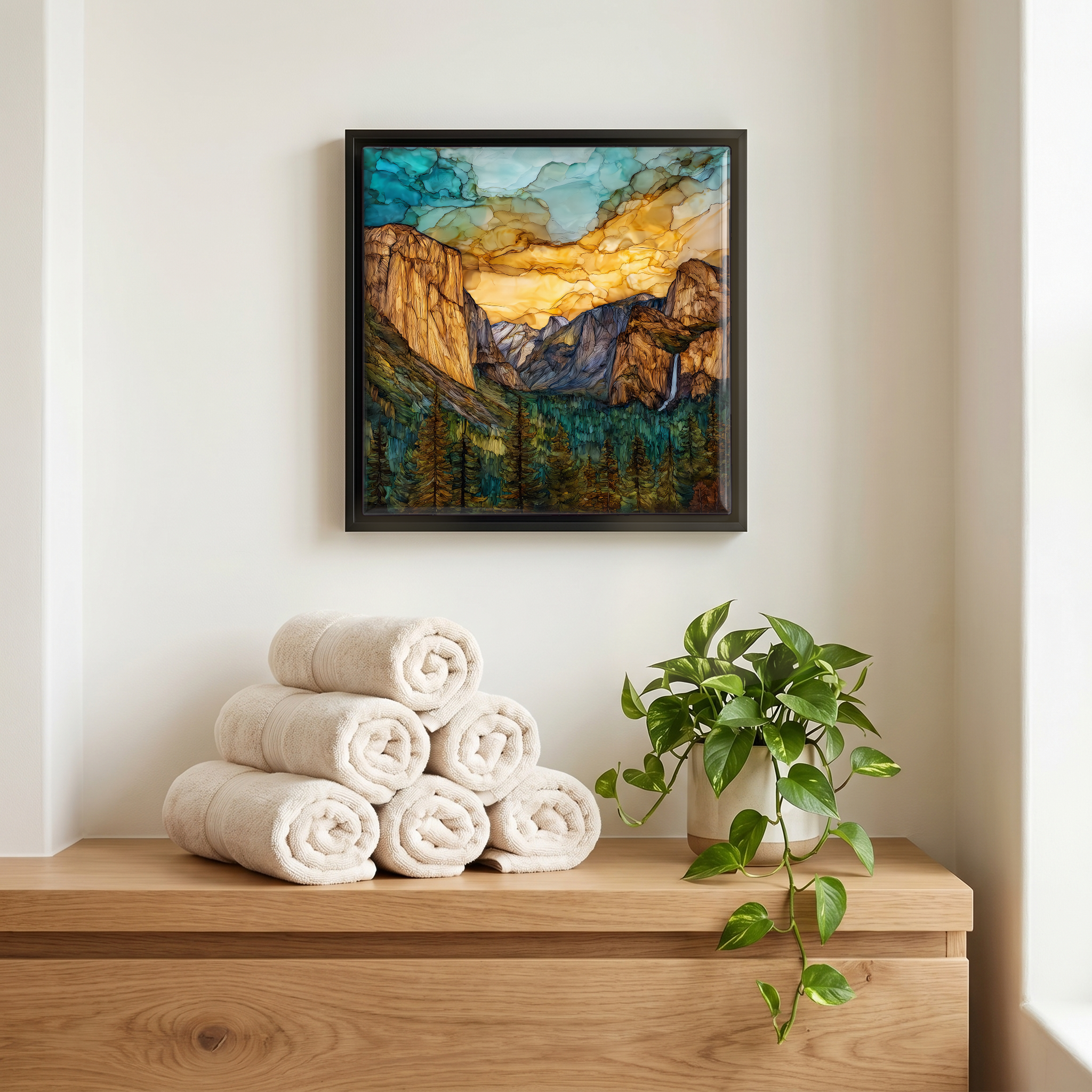 Above the linens, in a slim black surround.