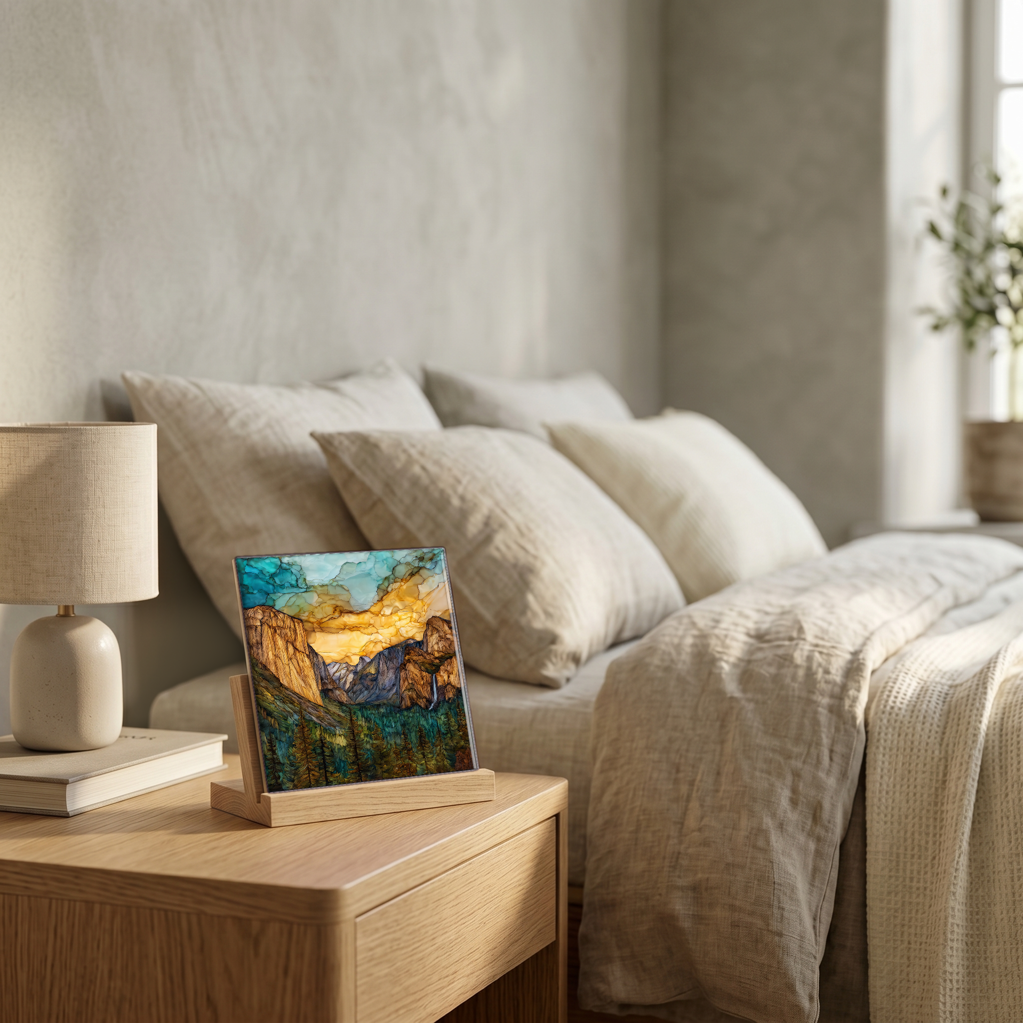 On the nightstand, on a light oak stand.