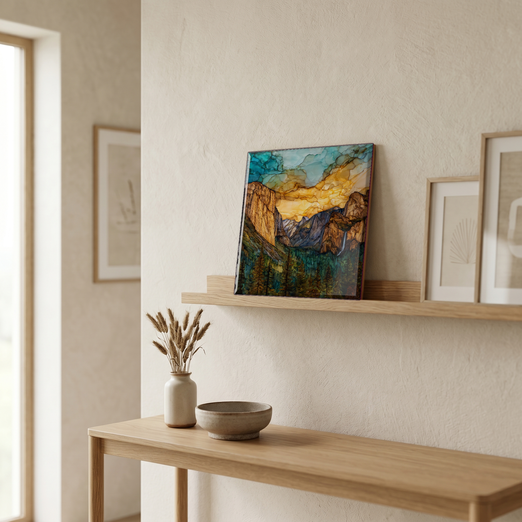 On a picture ledge, where the light comes in.