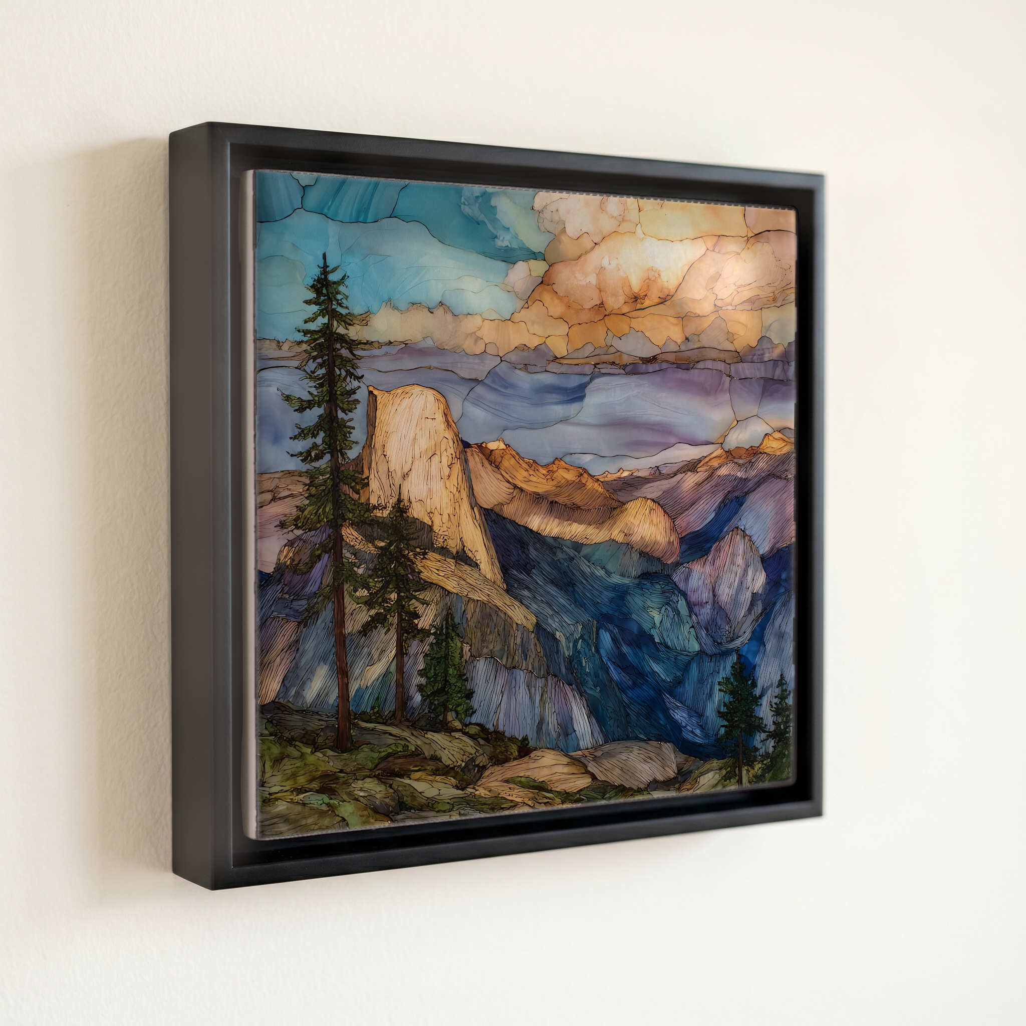 shown in a slim black floating frame · 6 × 6 in