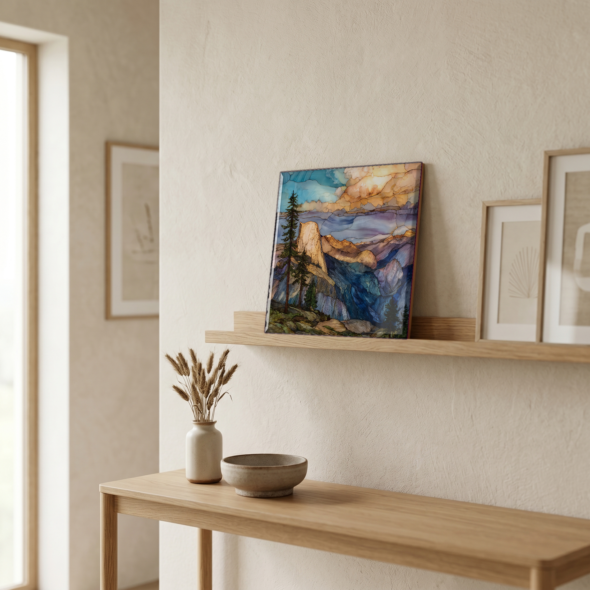On a picture ledge, where the light comes in.