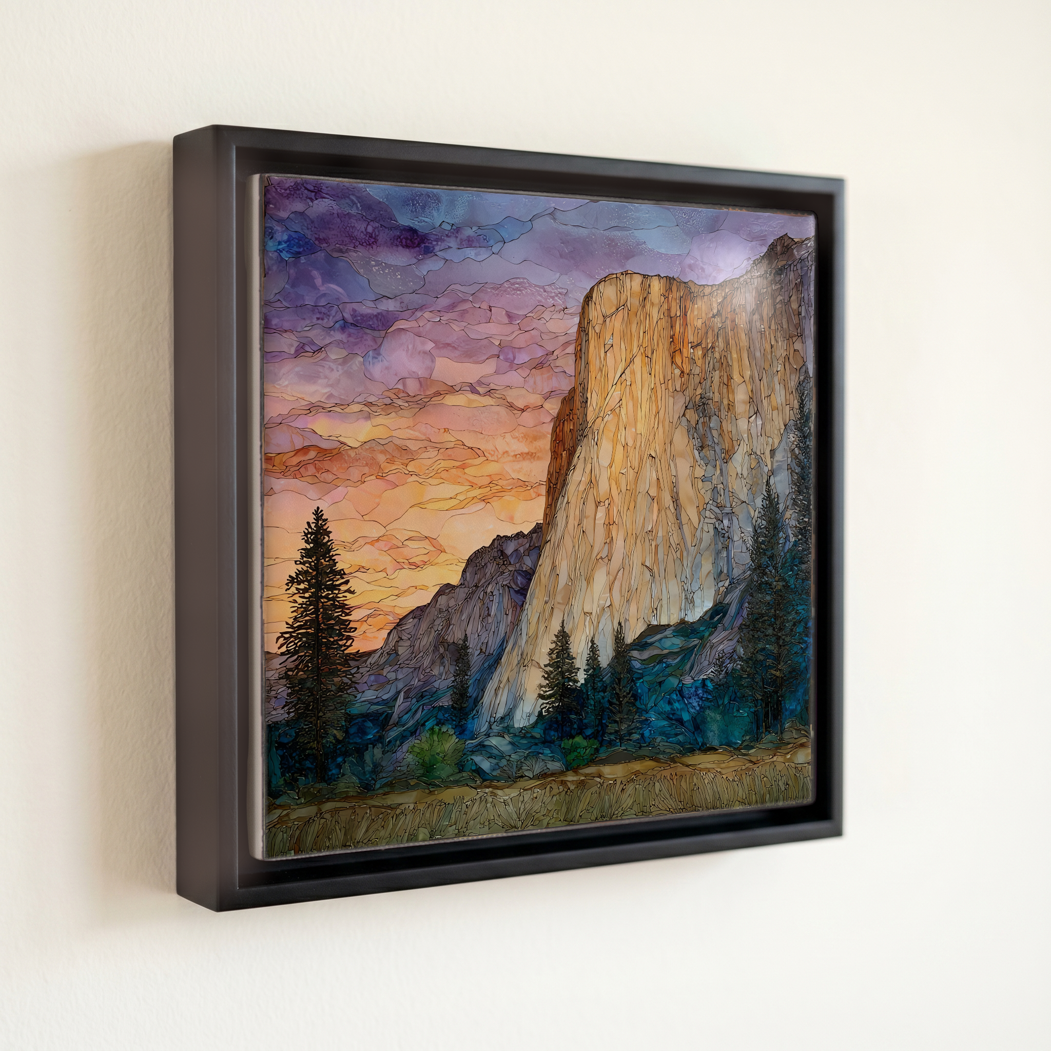 shown in a slim black floating frame · 6 × 6 in