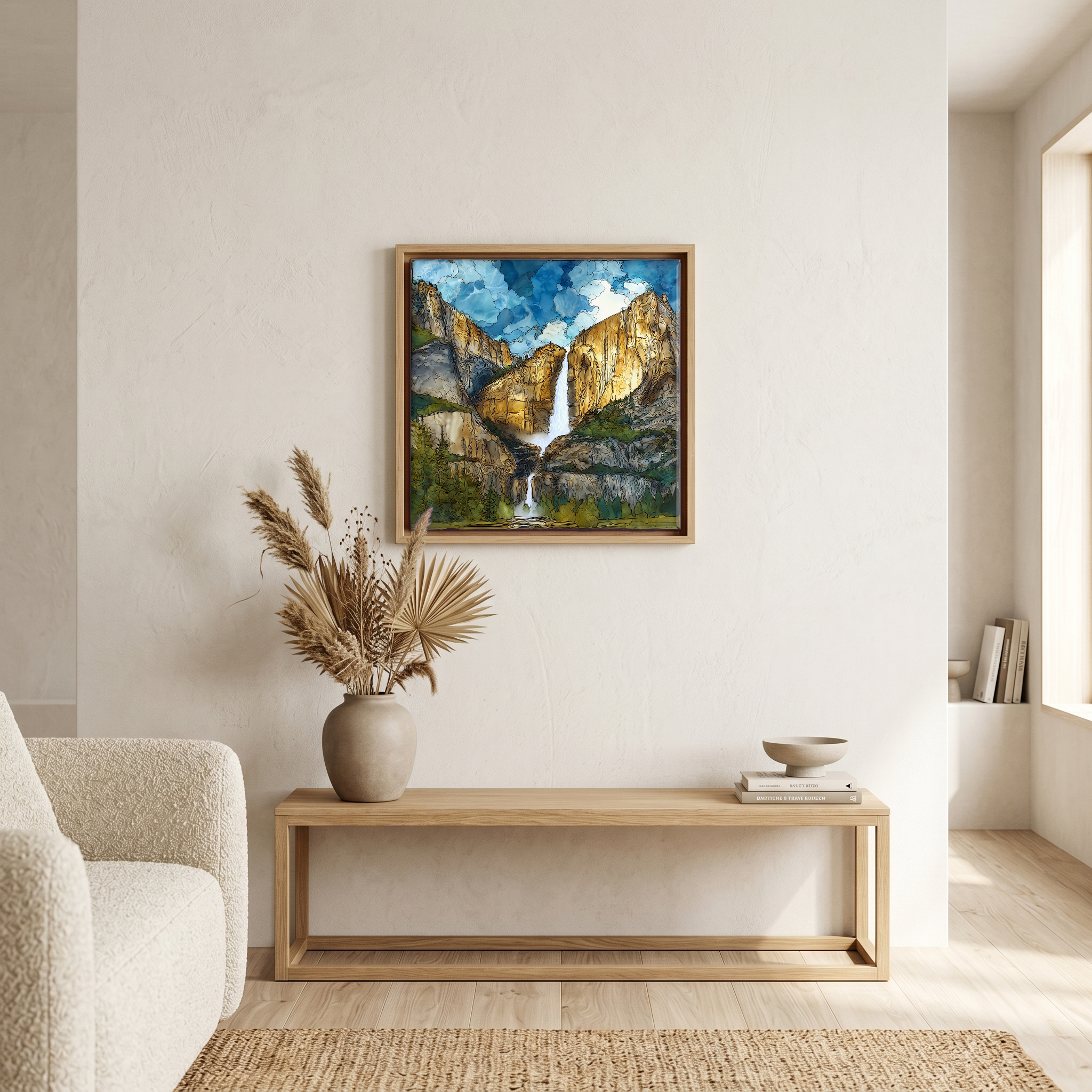 Above the bench, in a warm oak surround.