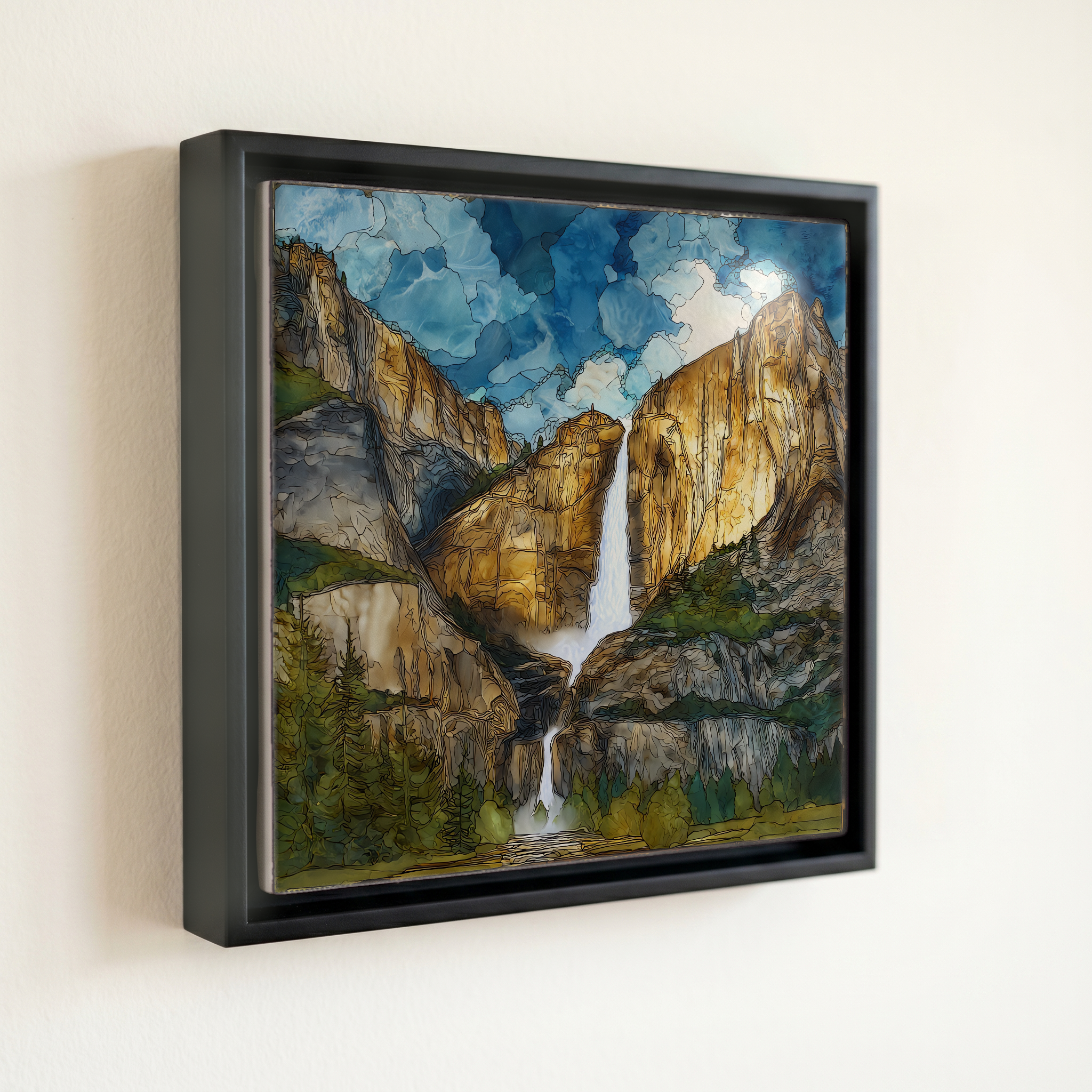 shown in a slim black floating frame · 6 × 6 in