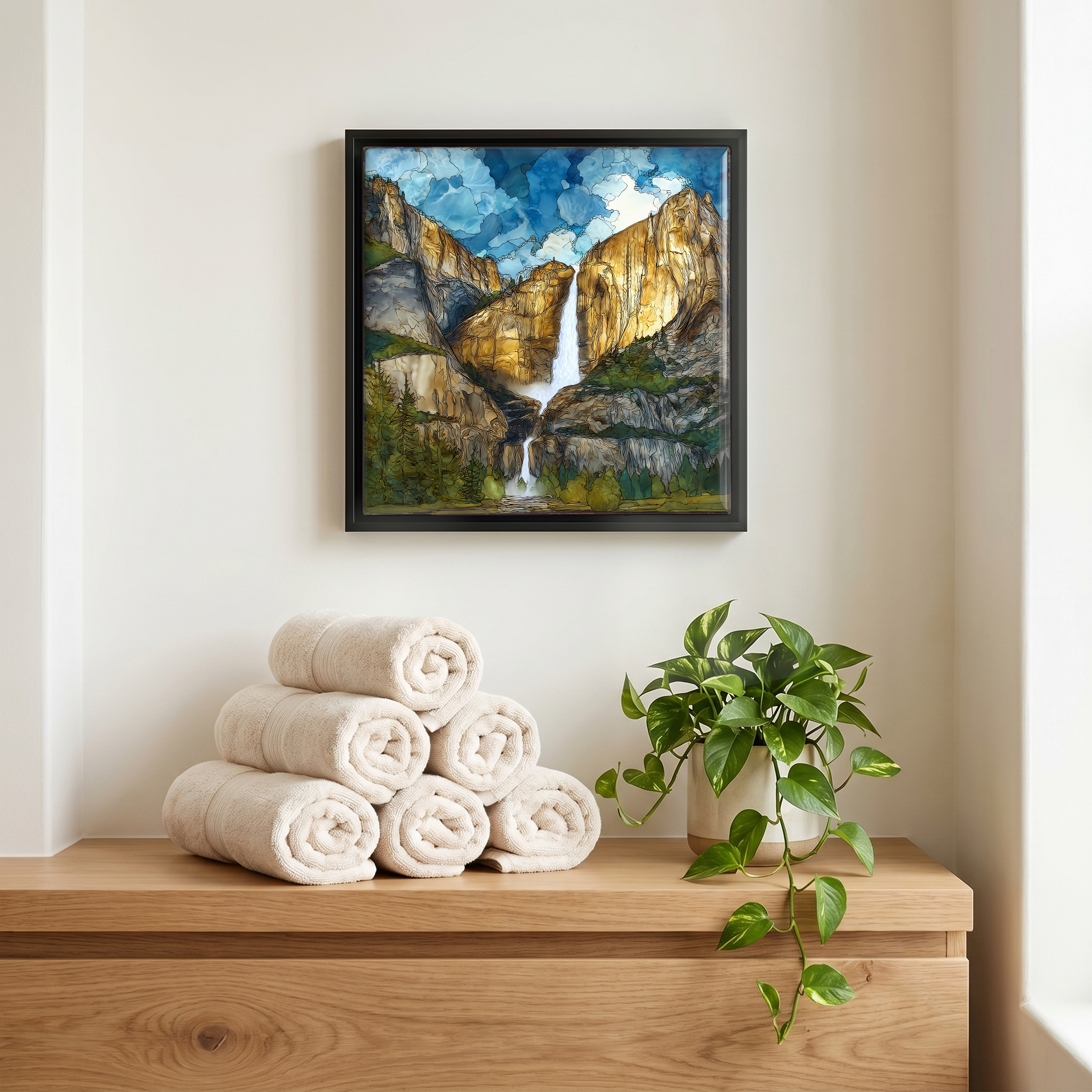 Above the linens, in a slim black surround.
