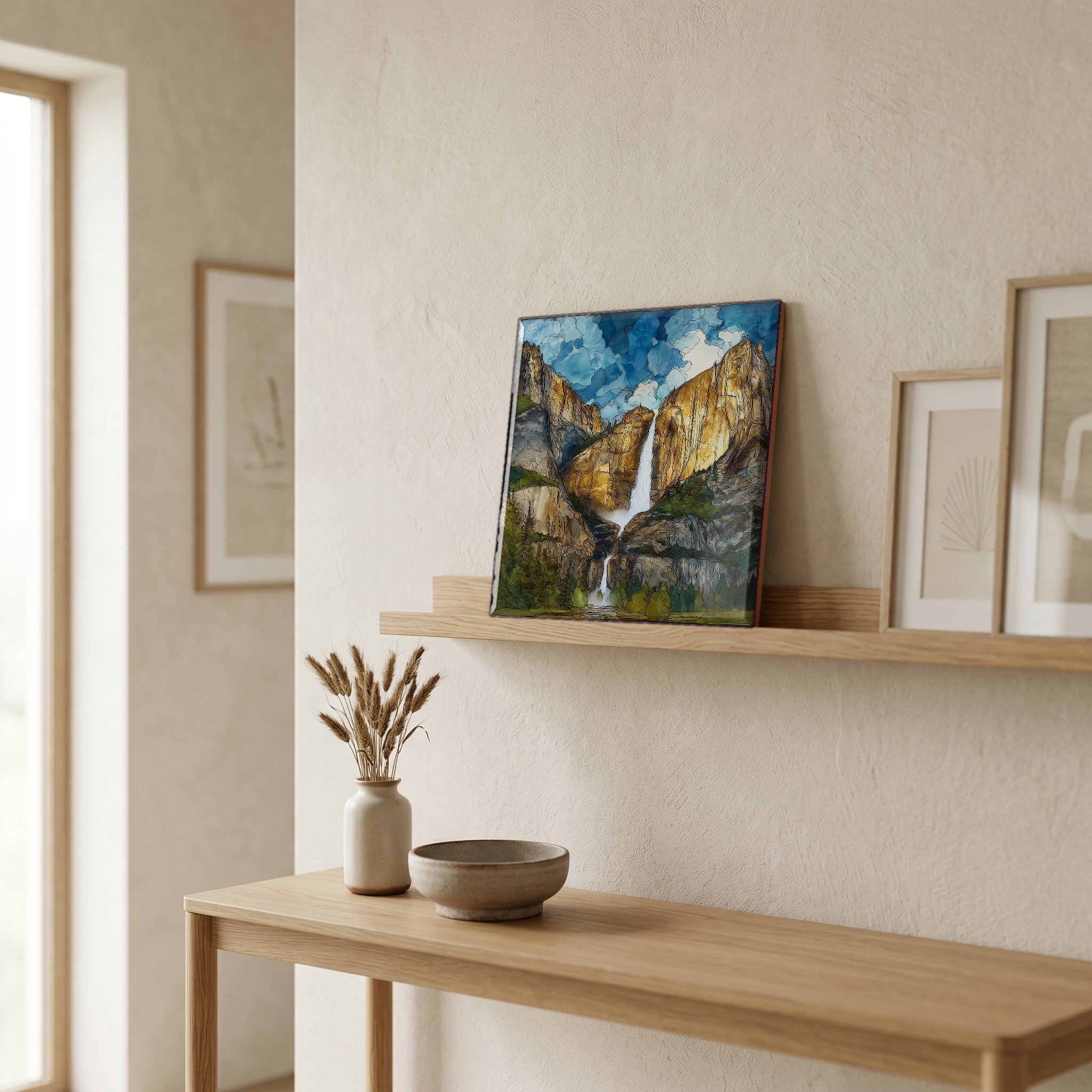 On a picture ledge, where the light comes in.