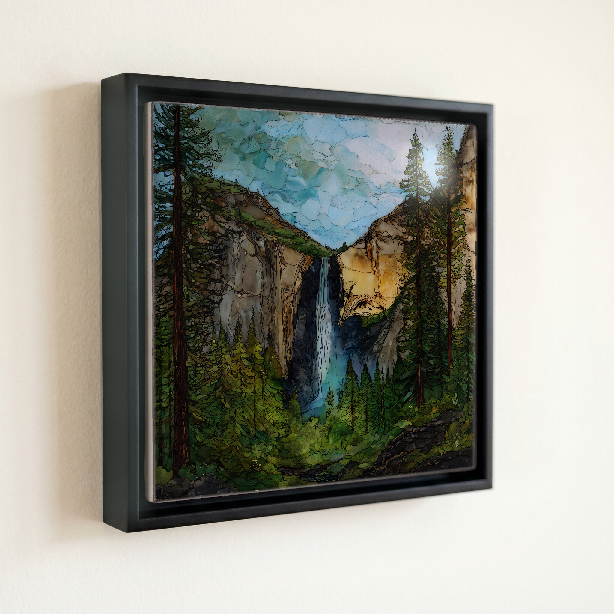 shown in a slim black floating frame · 6 × 6 in