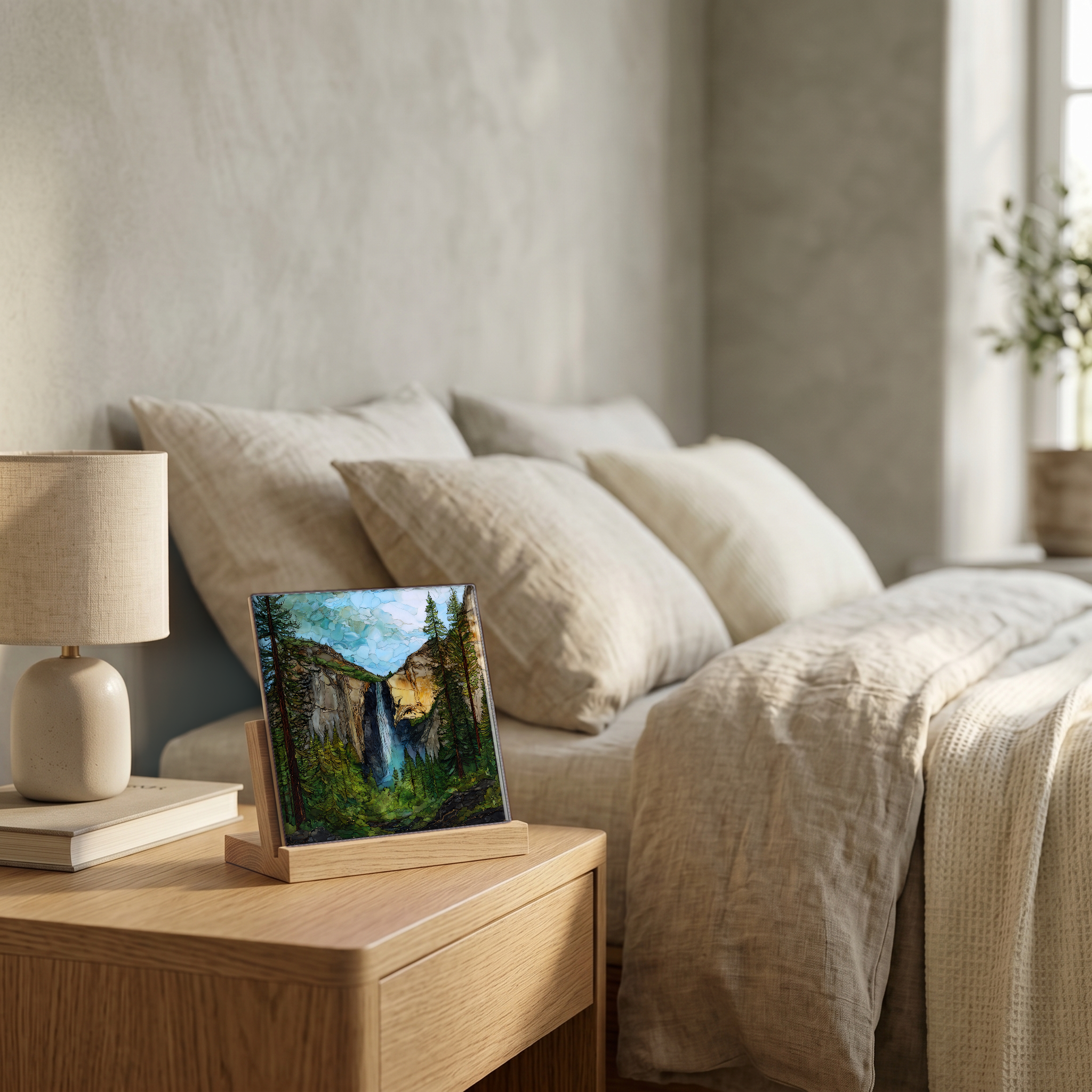 On the nightstand, on a light oak stand.