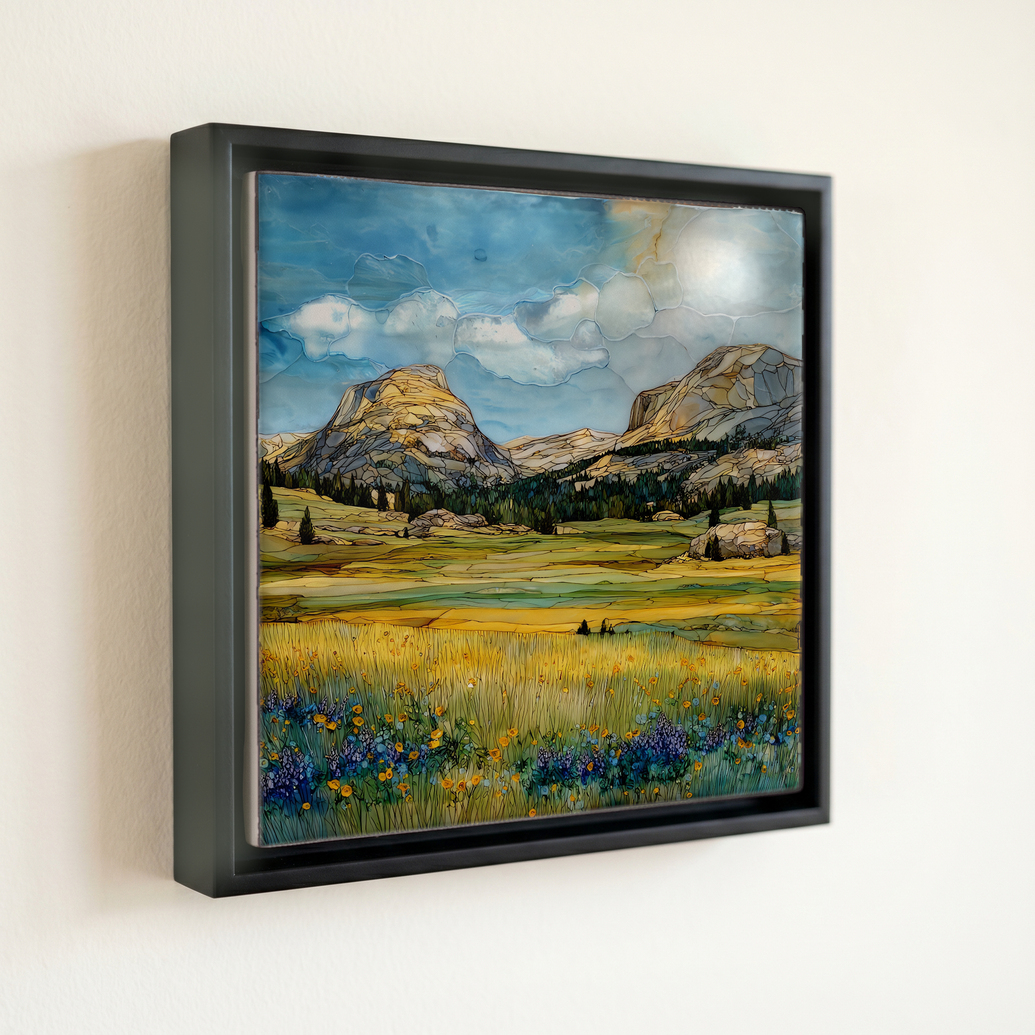 shown in a slim black floating frame · 6 × 6 in