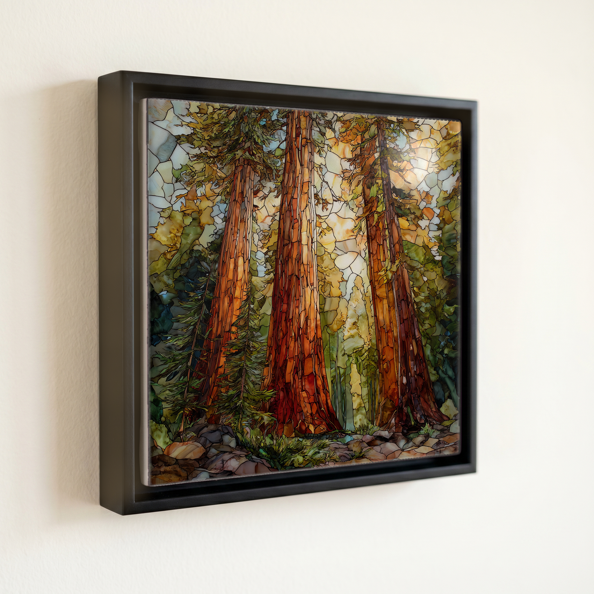 shown in a slim black floating frame · 6 × 6 in