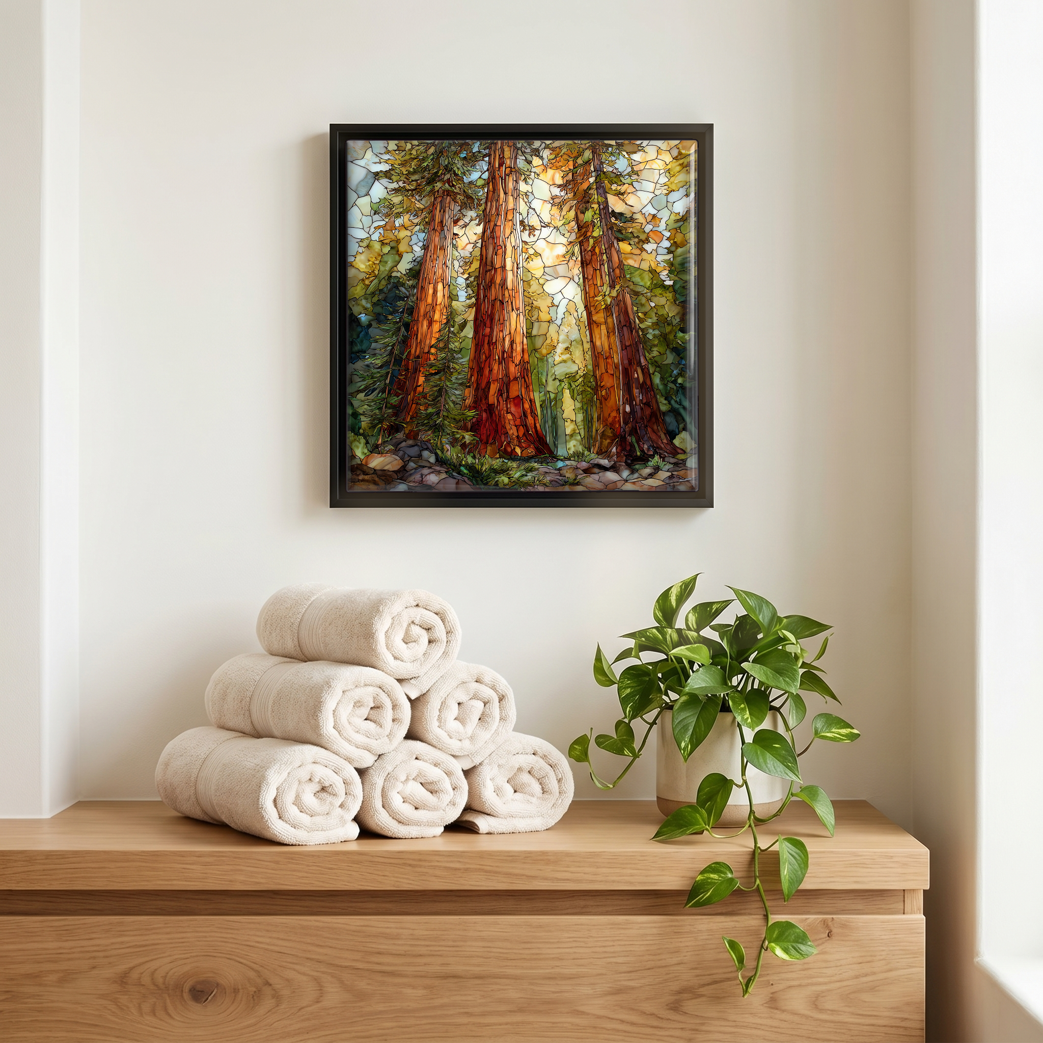 Above the linens, in a slim black surround.