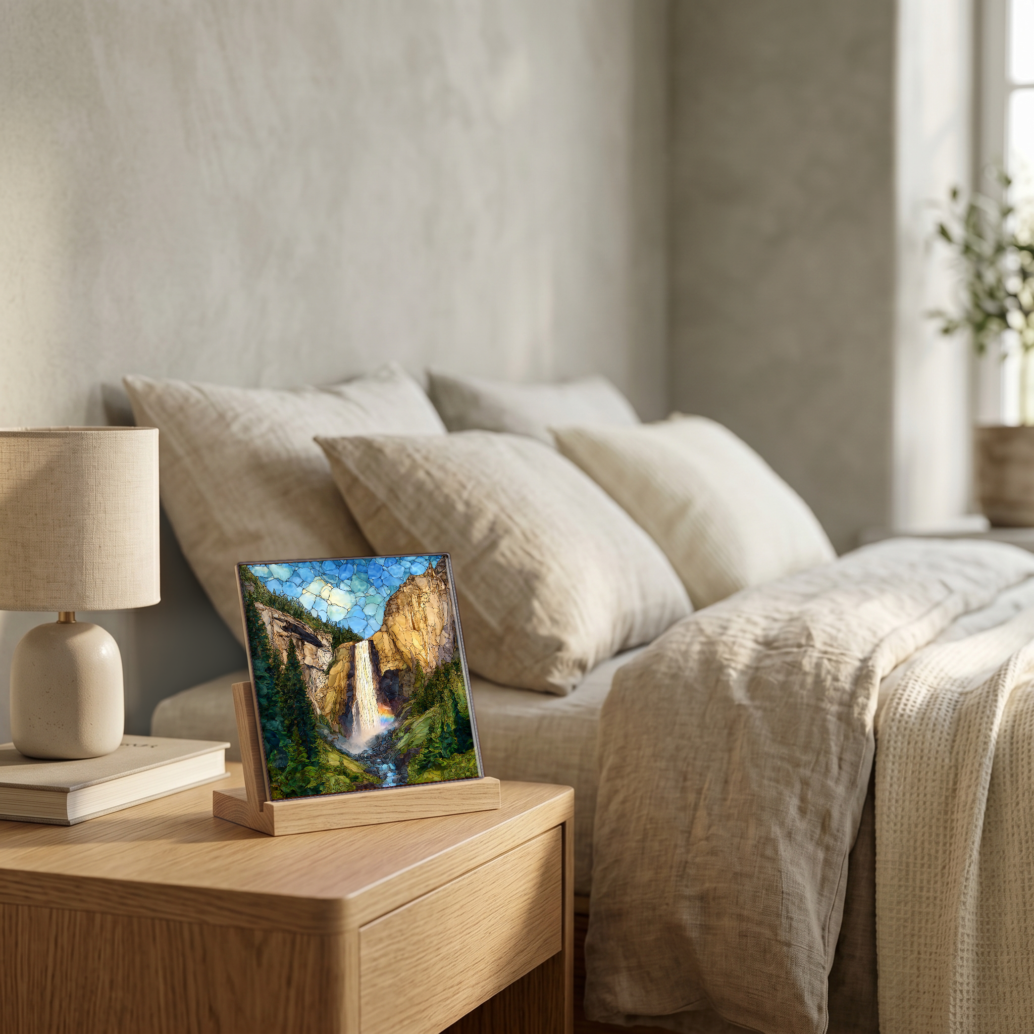 On the nightstand, on a light oak stand.