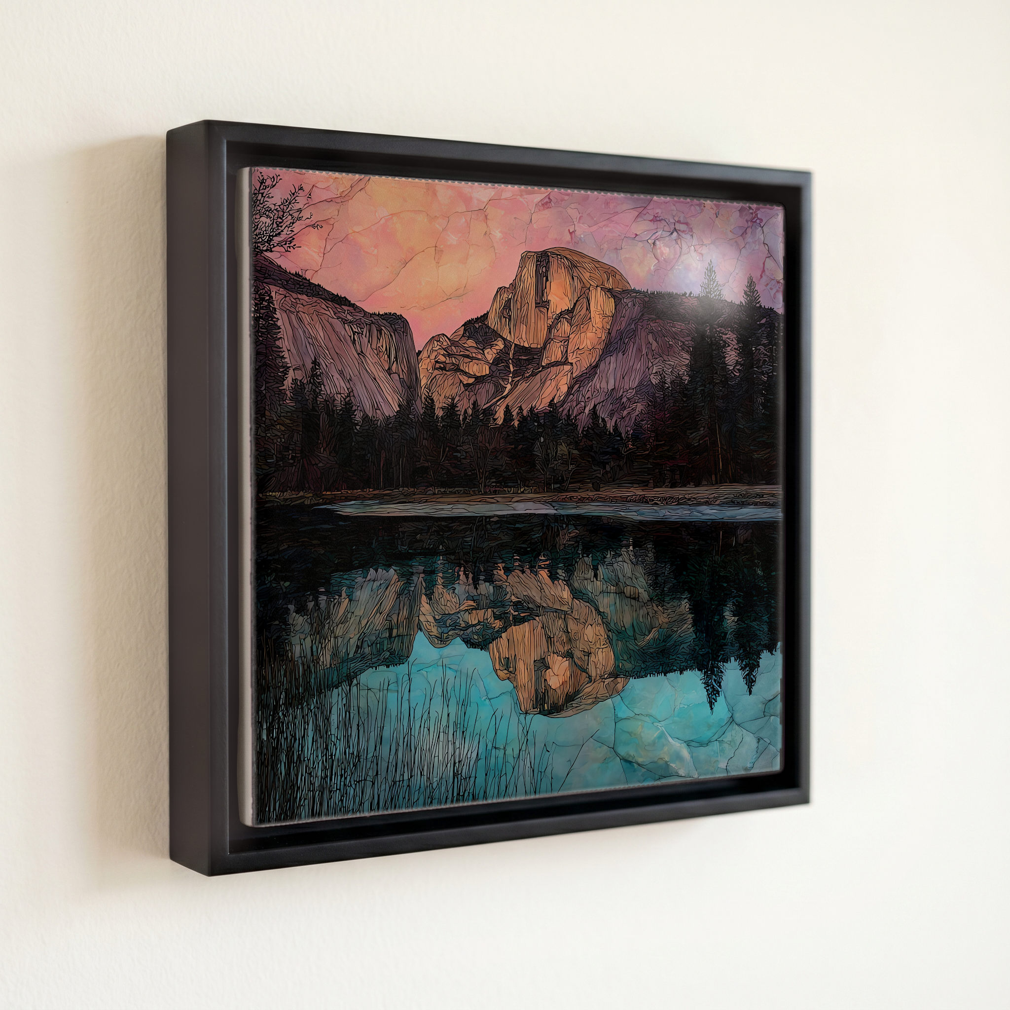 shown in a slim black floating frame · 6 × 6 in