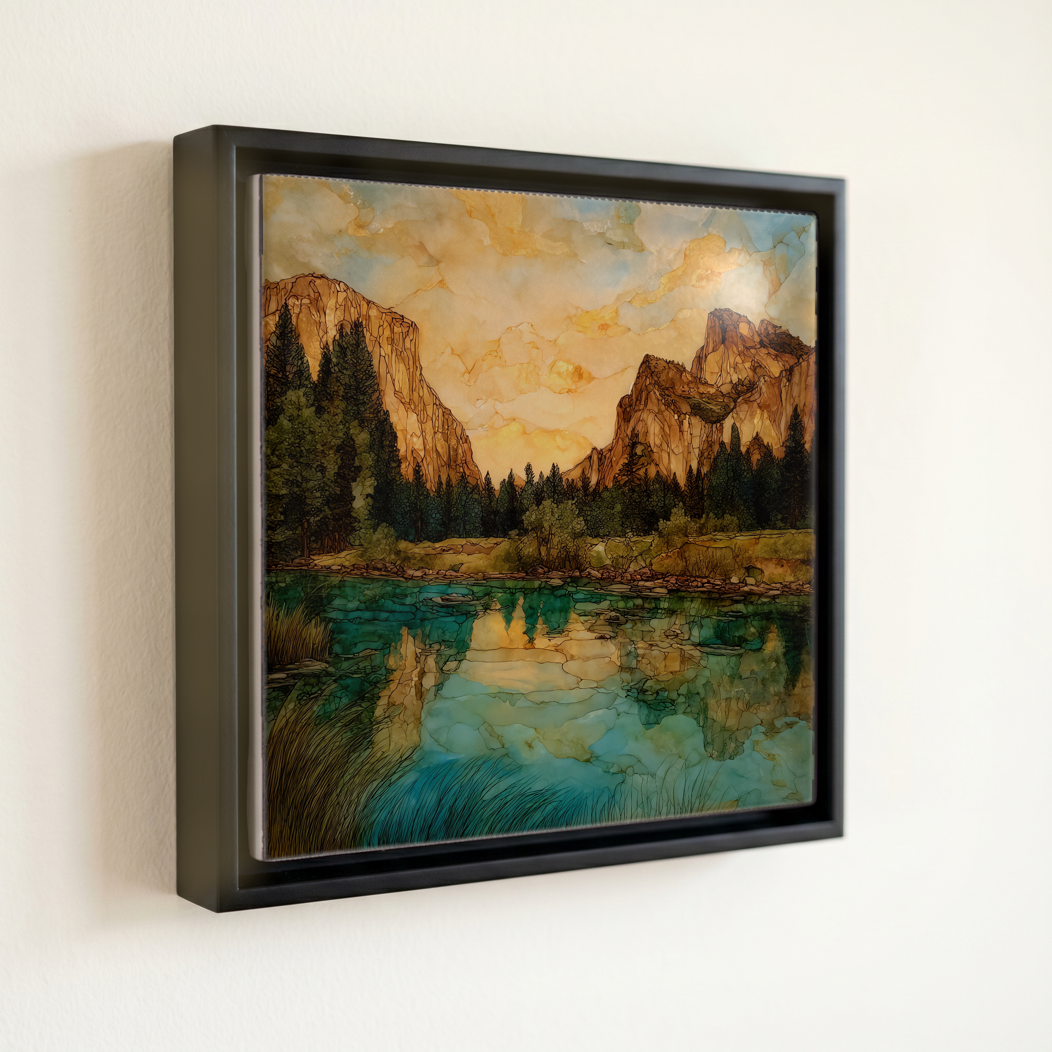 shown in a slim black floating frame · 6 × 6 in