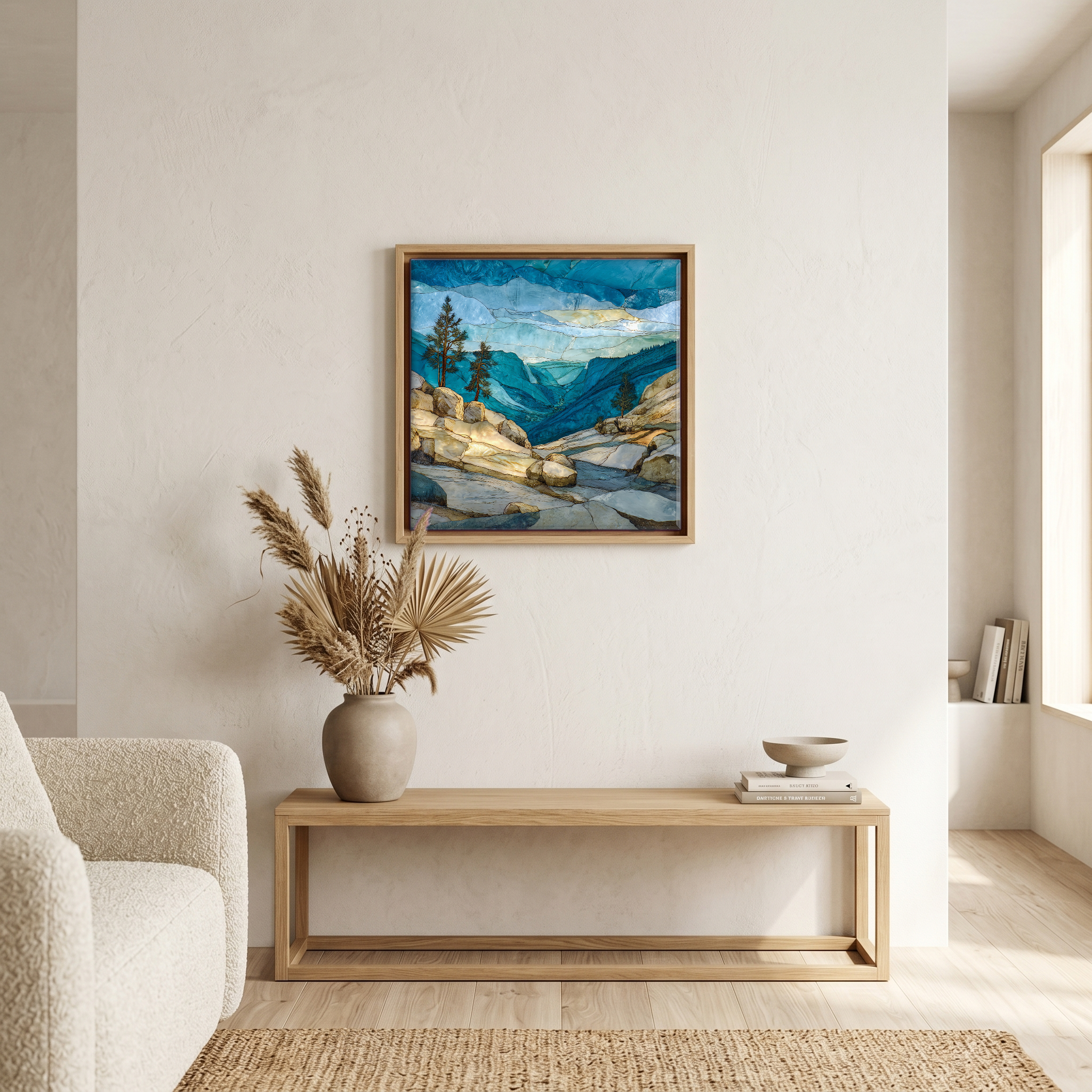 Above the bench, in a warm oak surround.