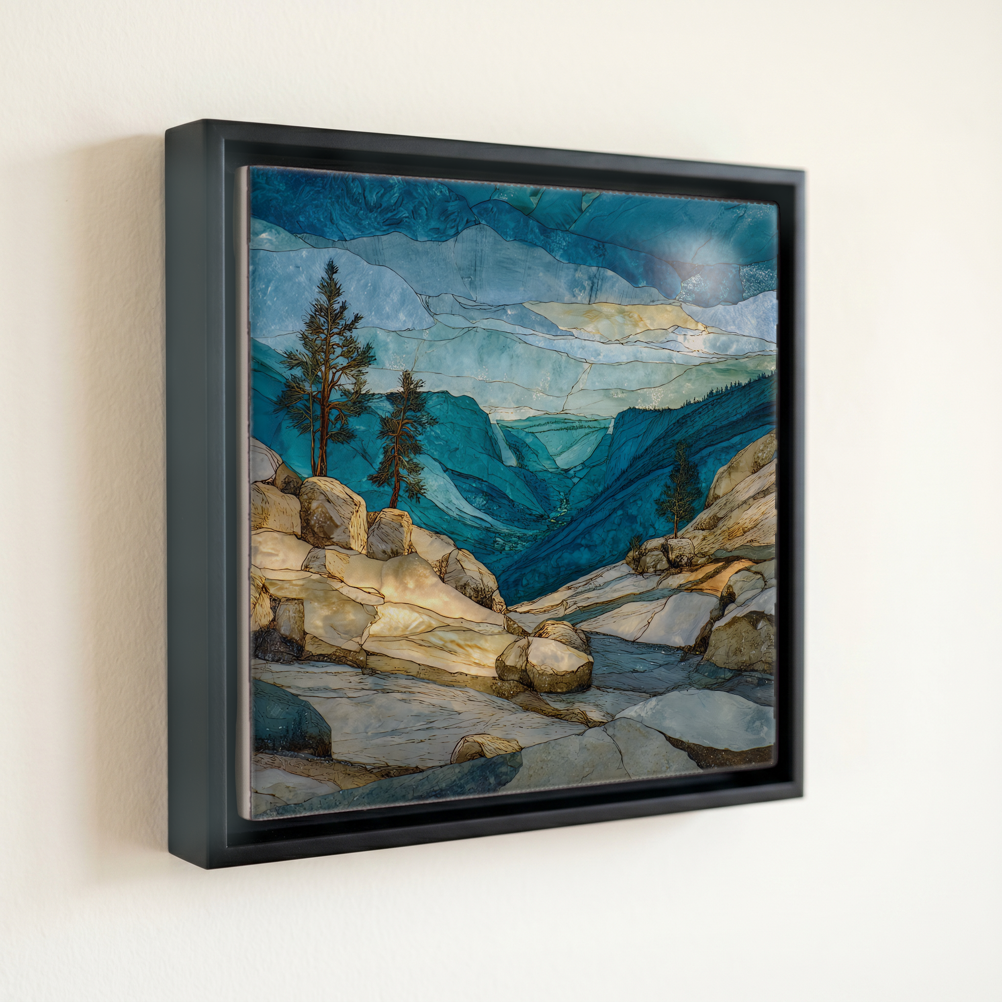 shown in a slim black floating frame · 6 × 6 in