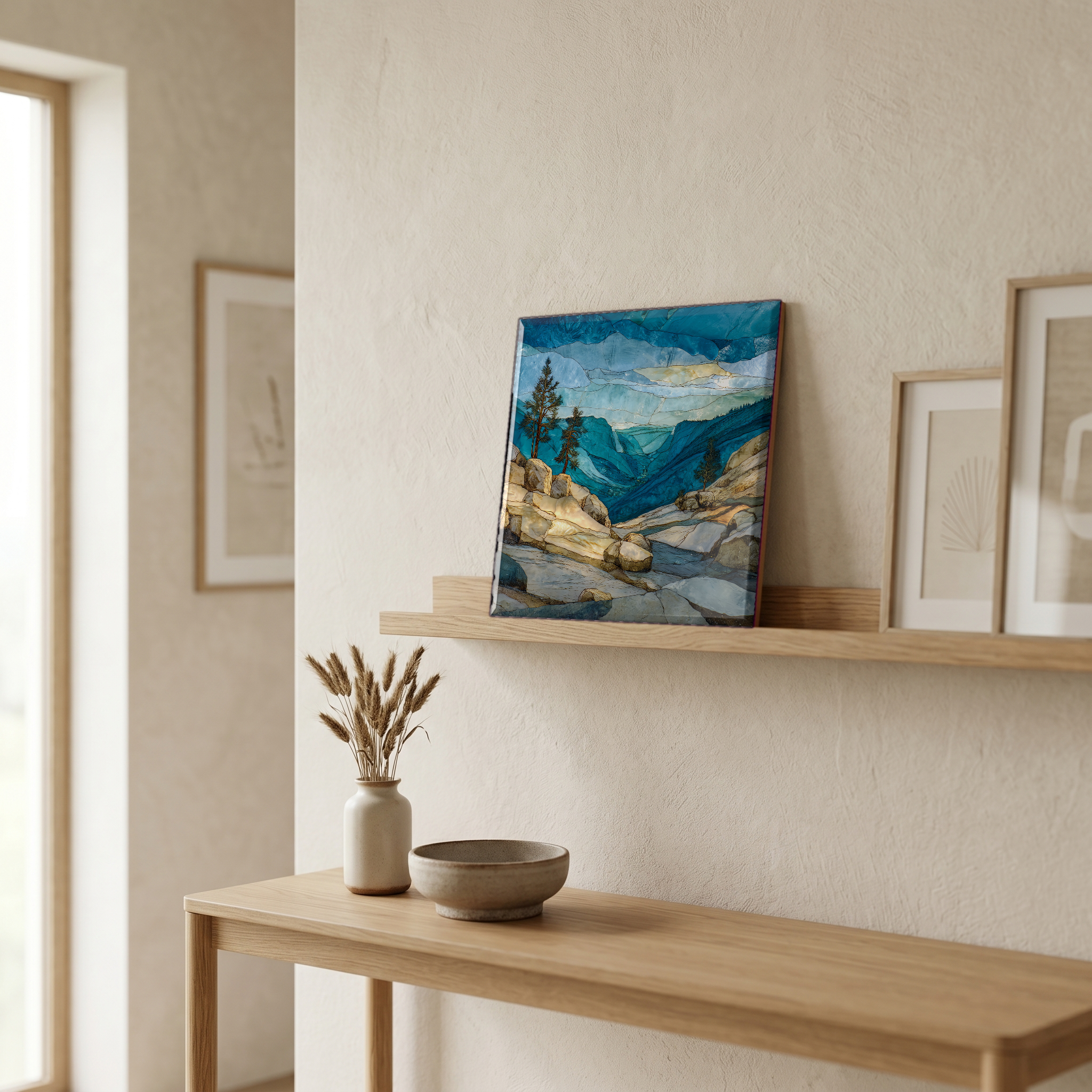 On a picture ledge, where the light comes in.