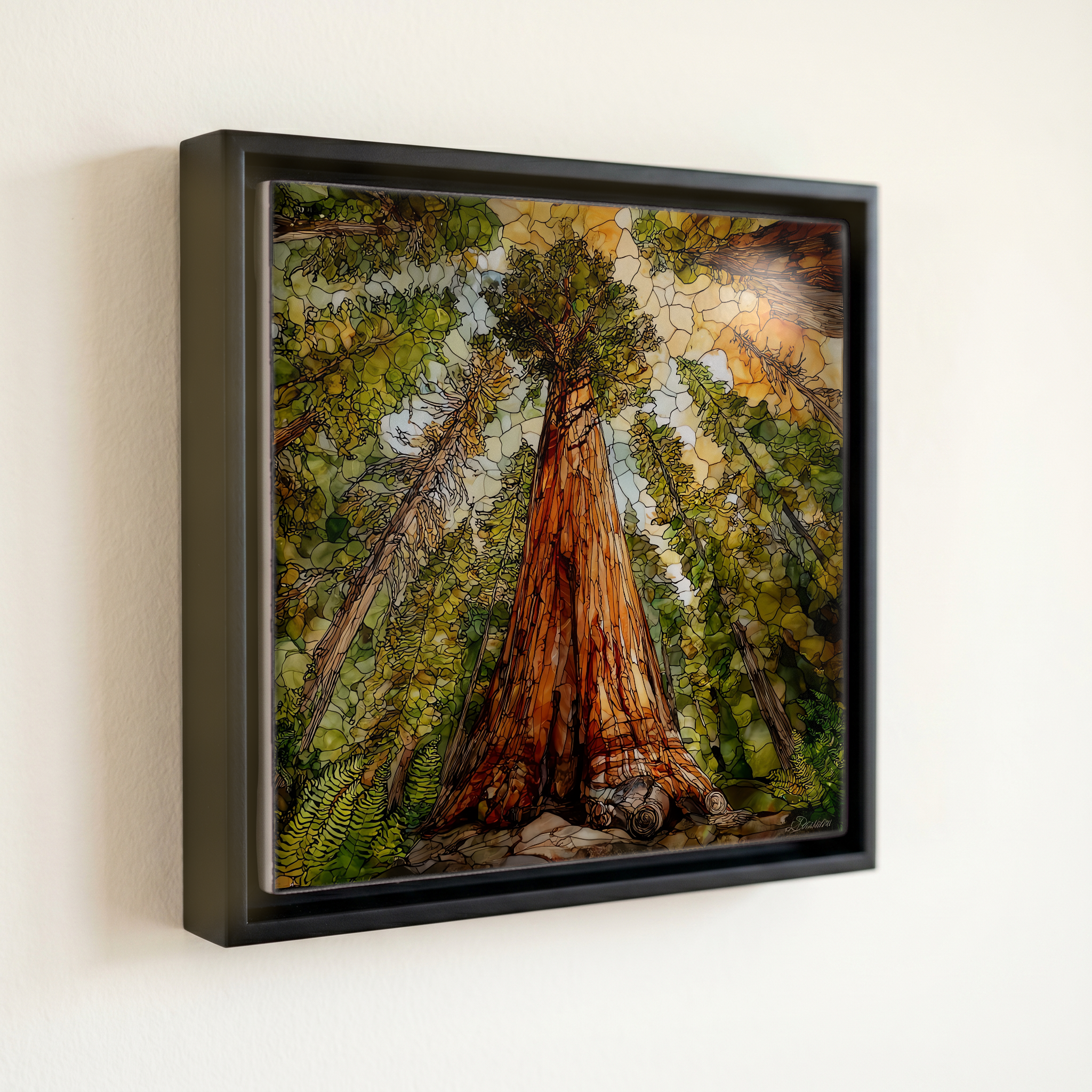 shown in a slim black floating frame · 6 × 6 in