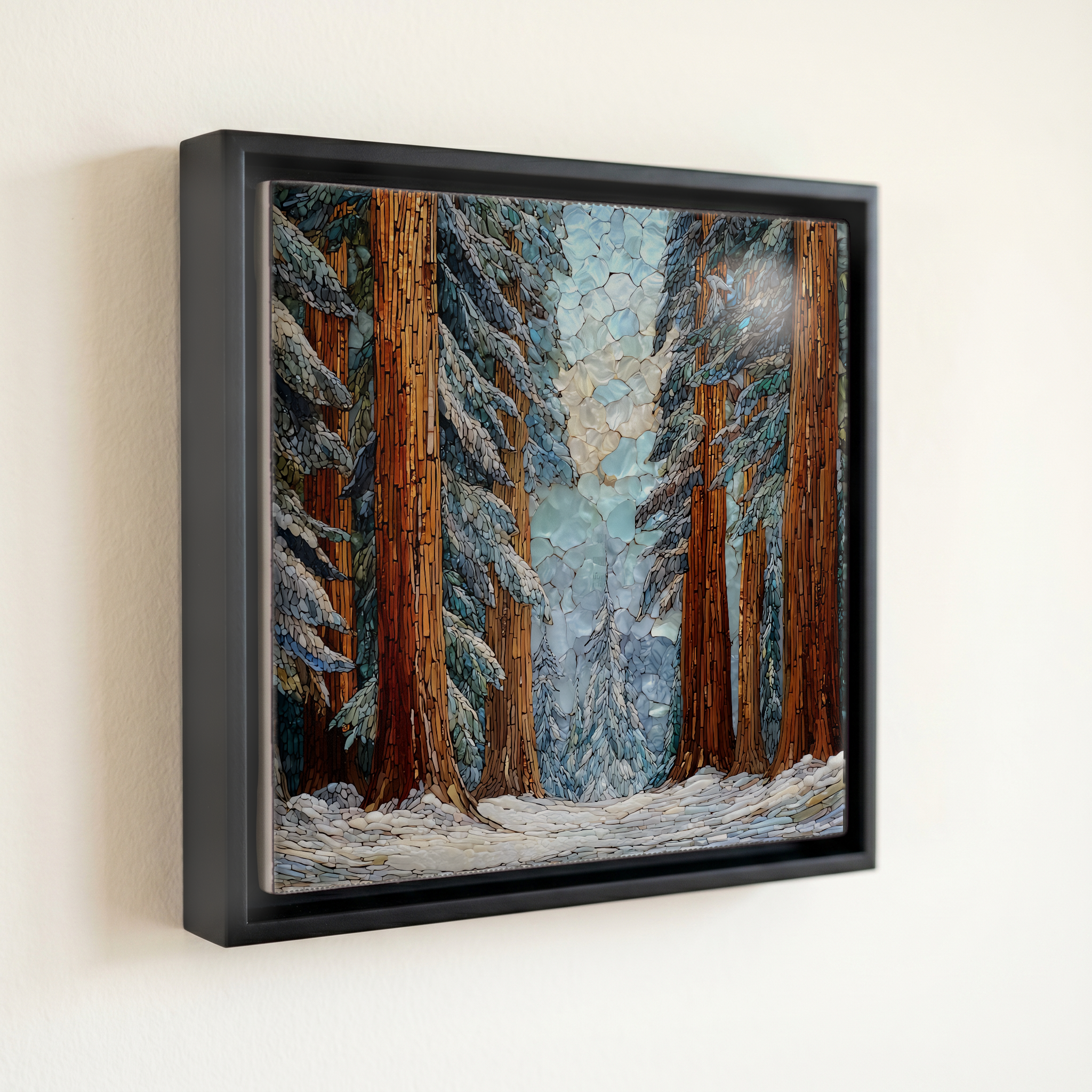 shown in a slim black floating frame · 6 × 6 in
