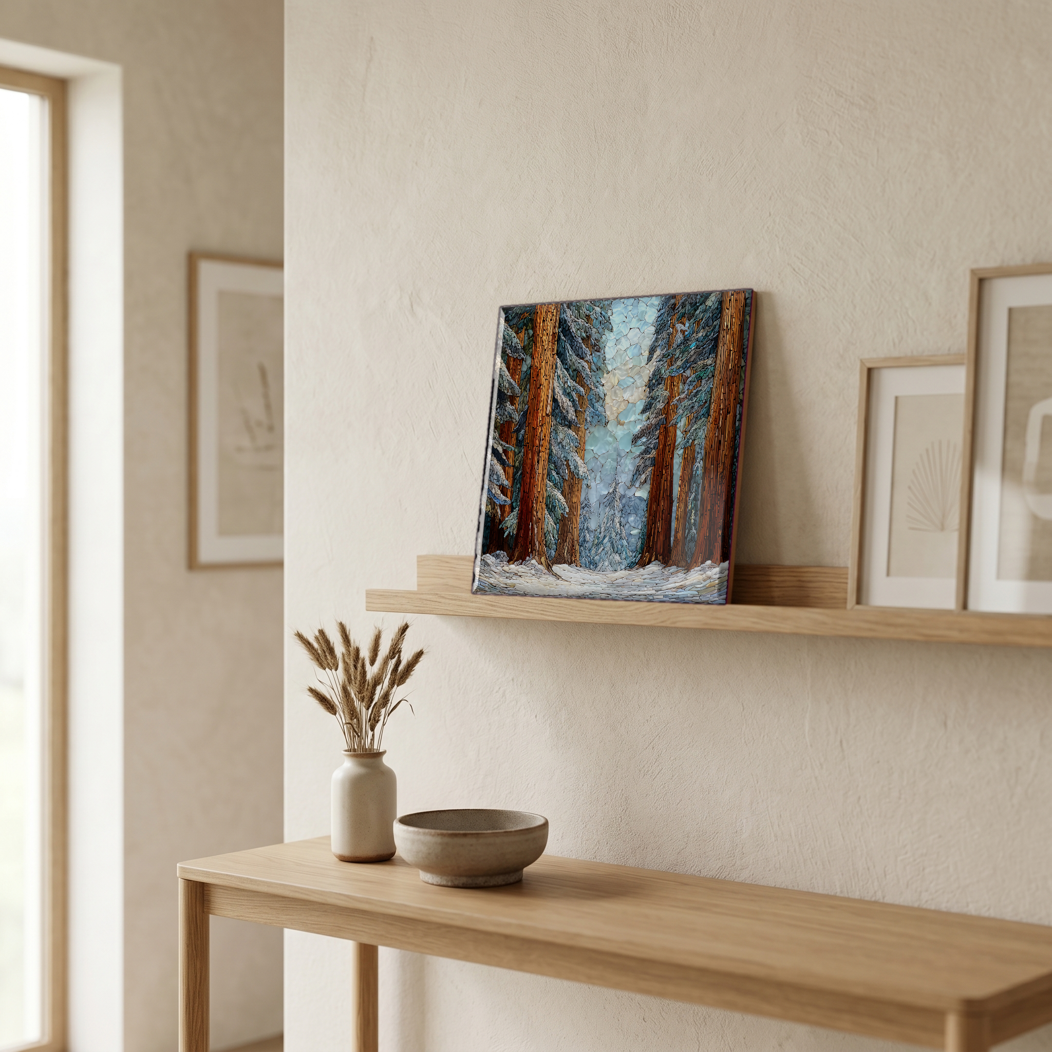 On a picture ledge, where the light comes in.