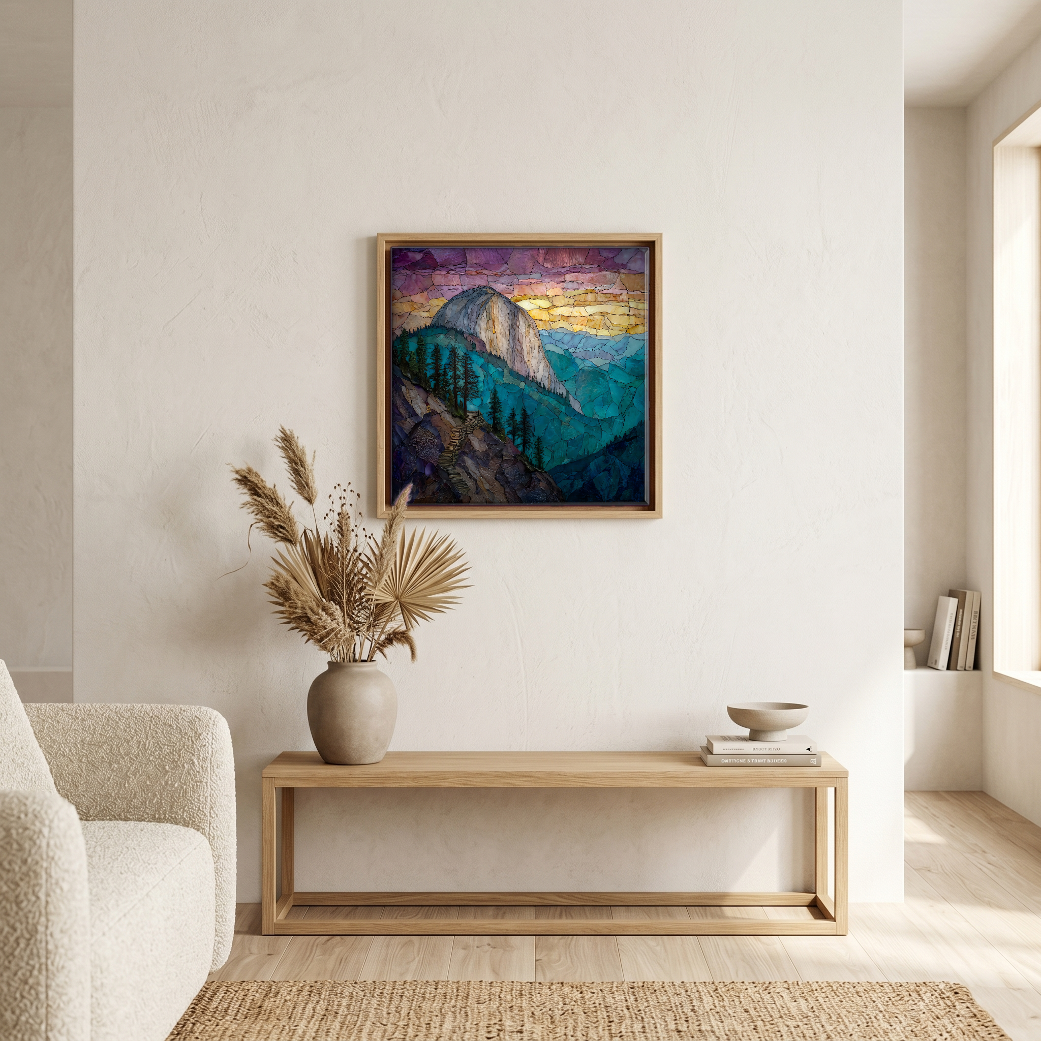 Above the bench, in a warm oak surround.