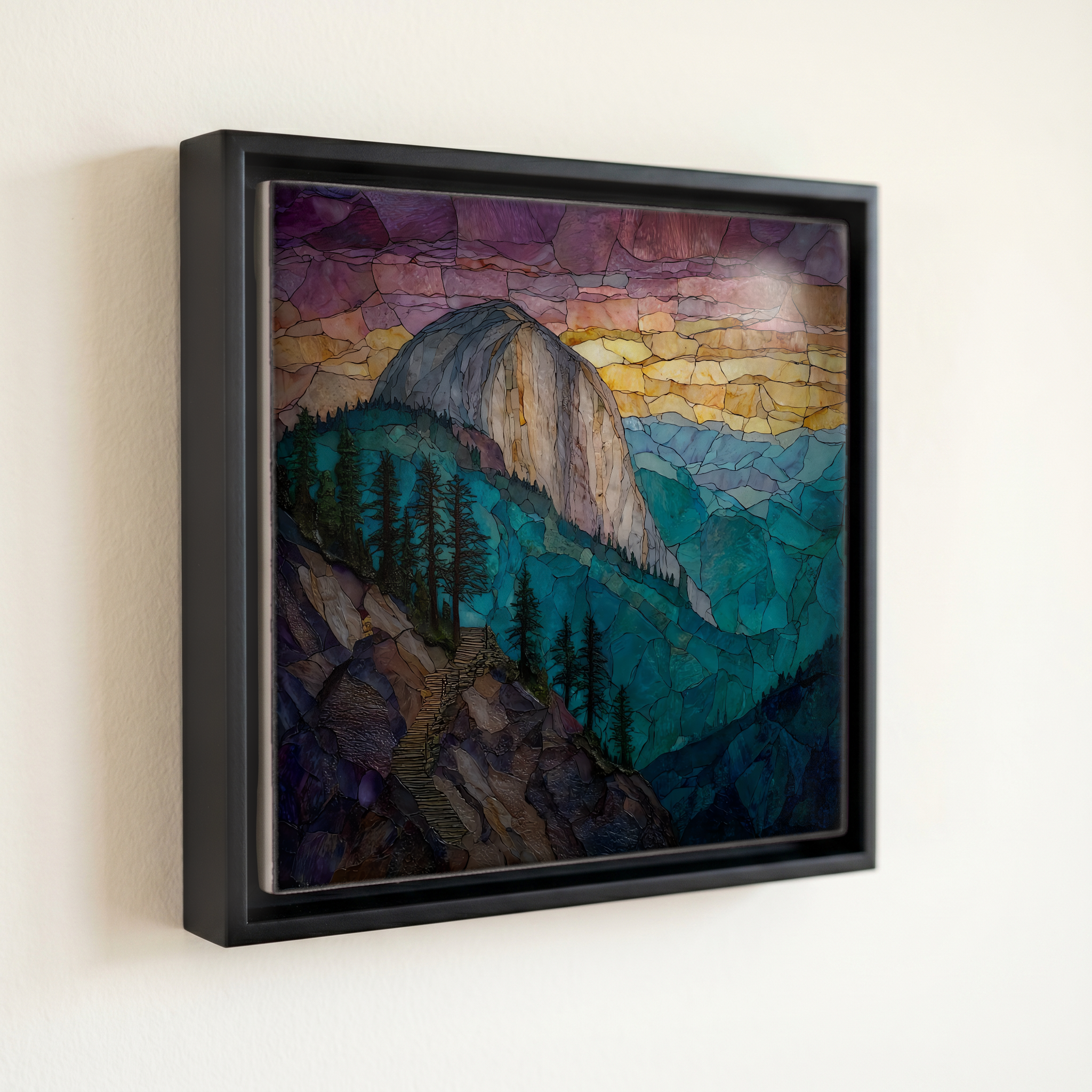 shown in a slim black floating frame · 6 × 6 in