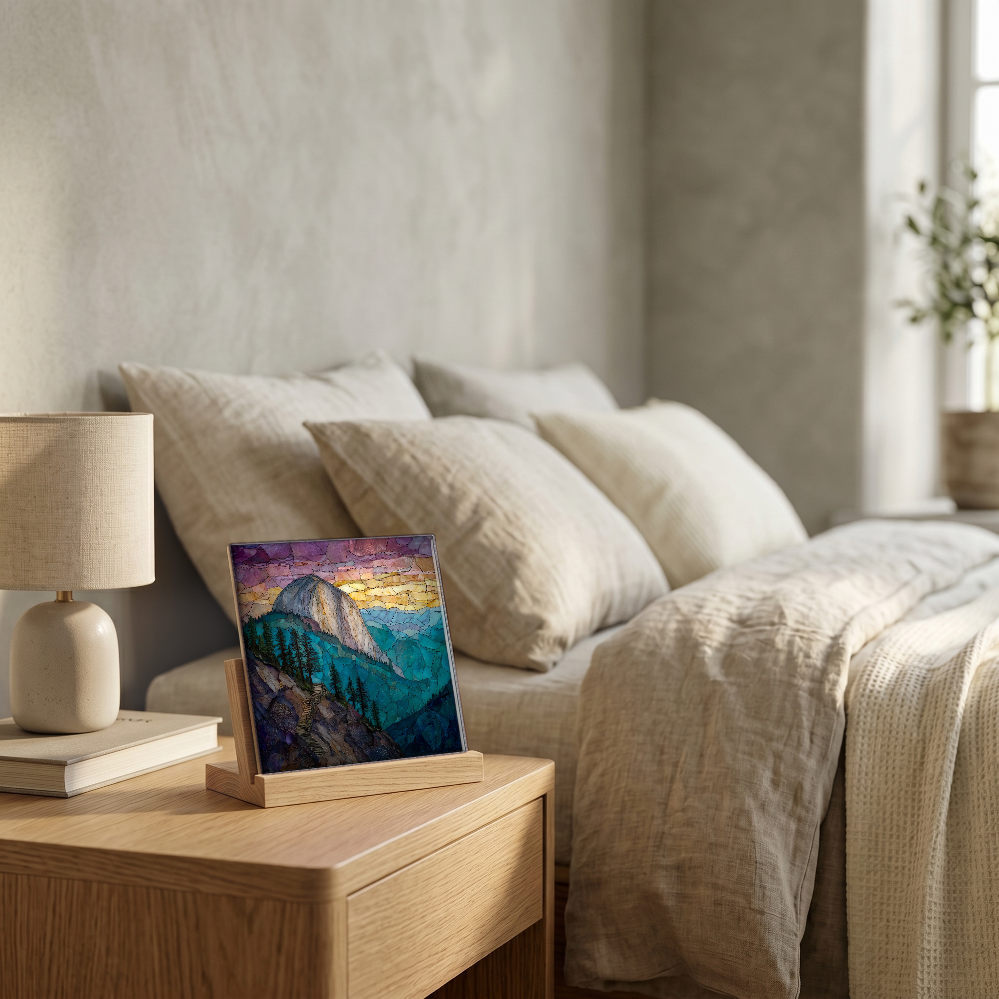On the nightstand, on a light oak stand.
