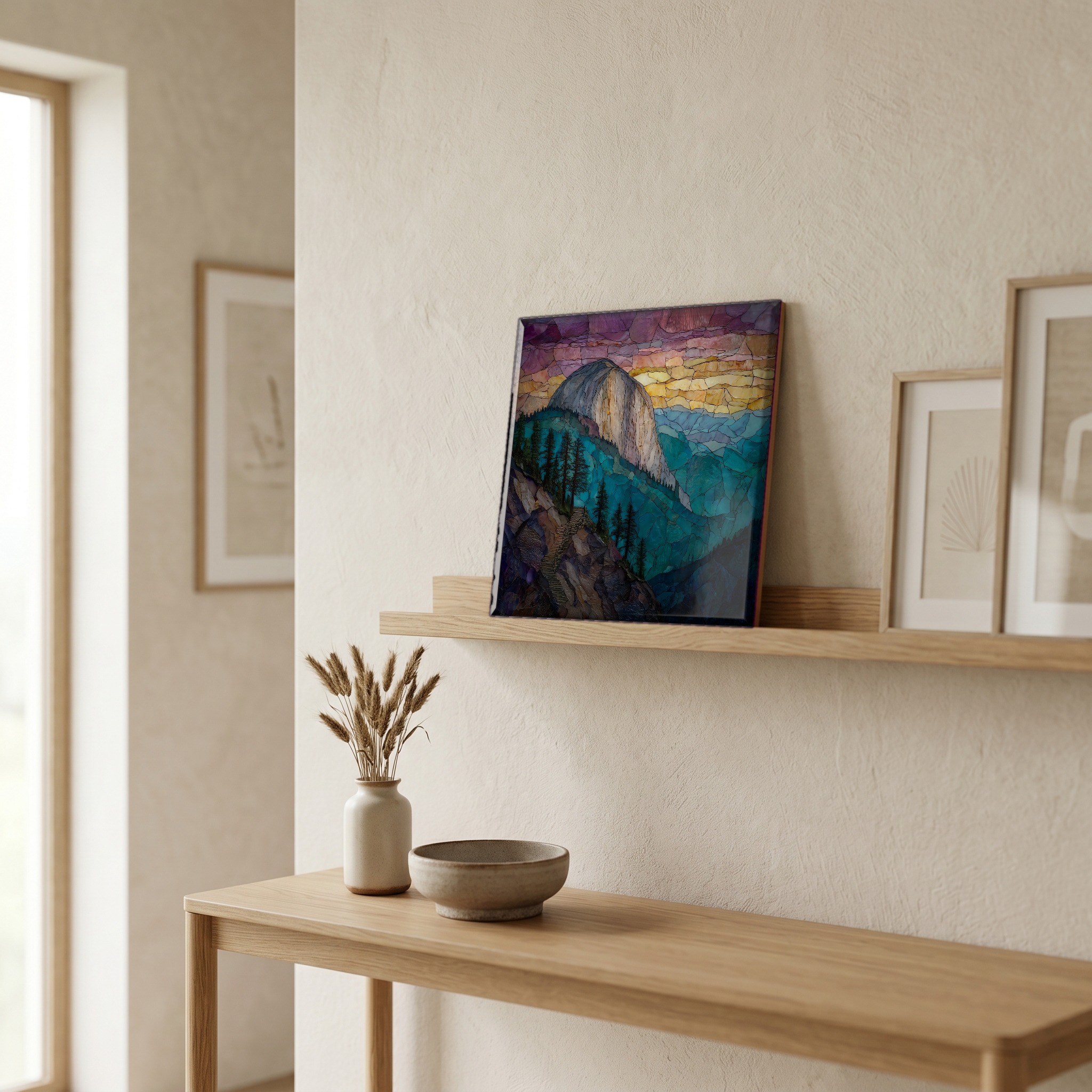 On a picture ledge, where the light comes in.
