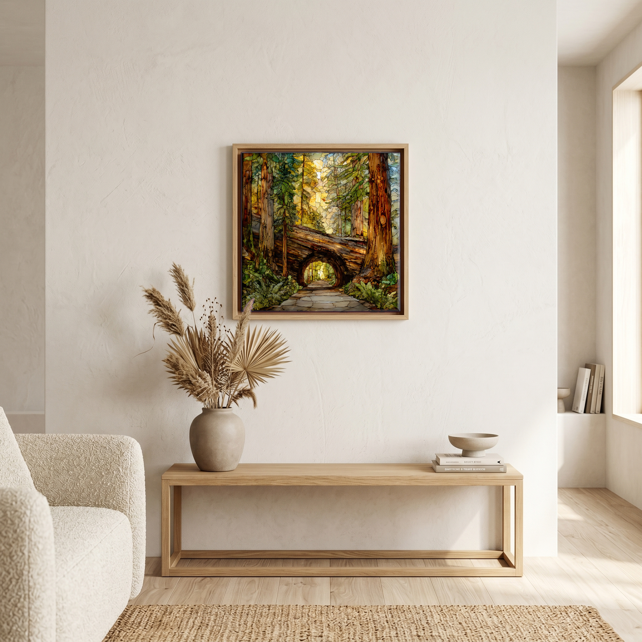 Above the bench, in a warm oak surround.