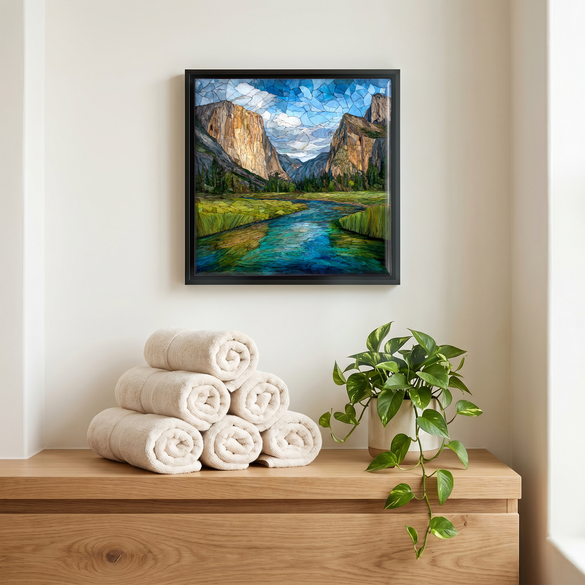 Above the linens, in a slim black surround.