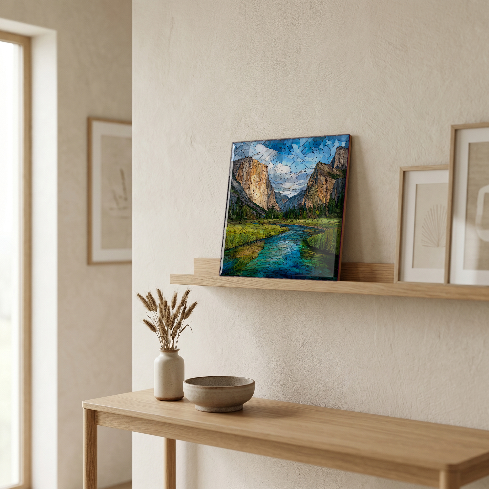 On a picture ledge, where the light comes in.