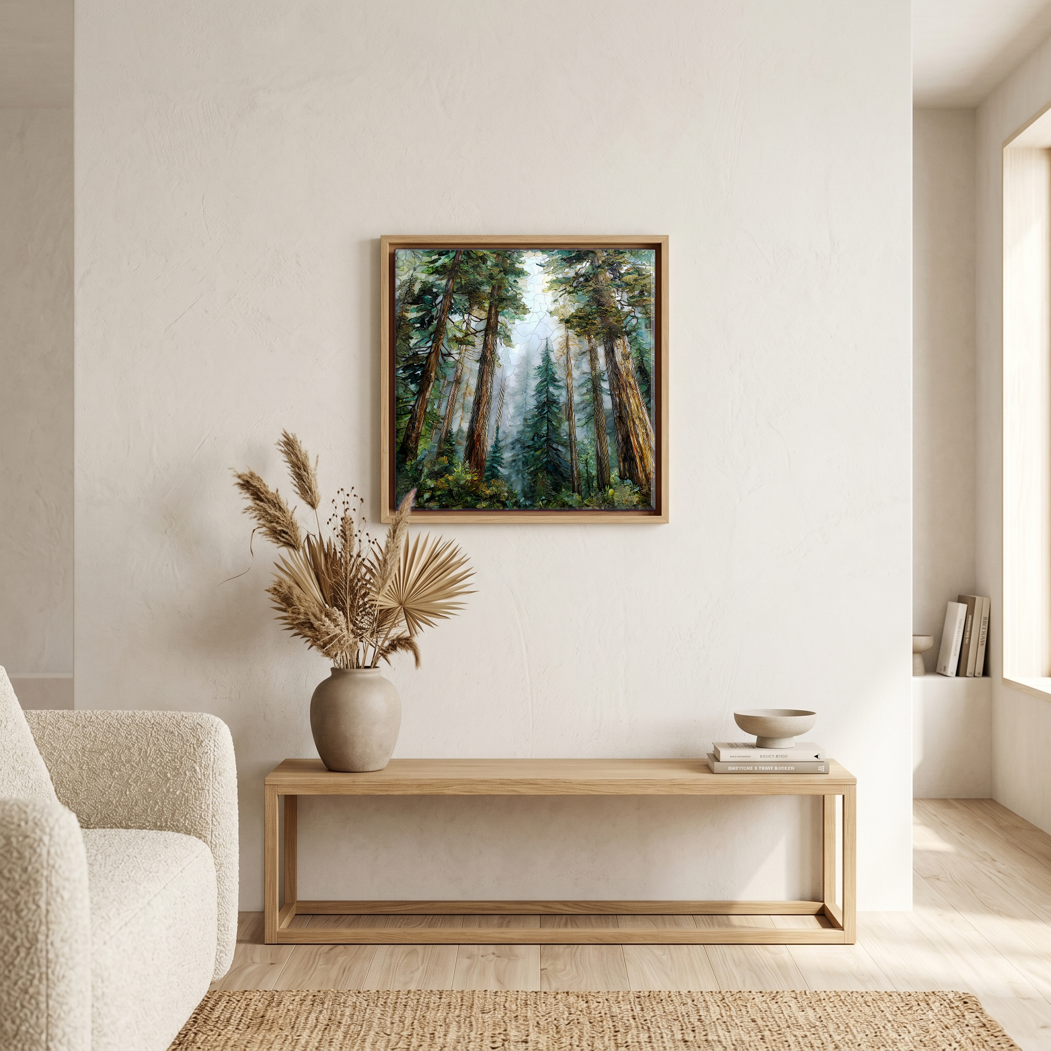 Above the bench, in a warm oak surround.