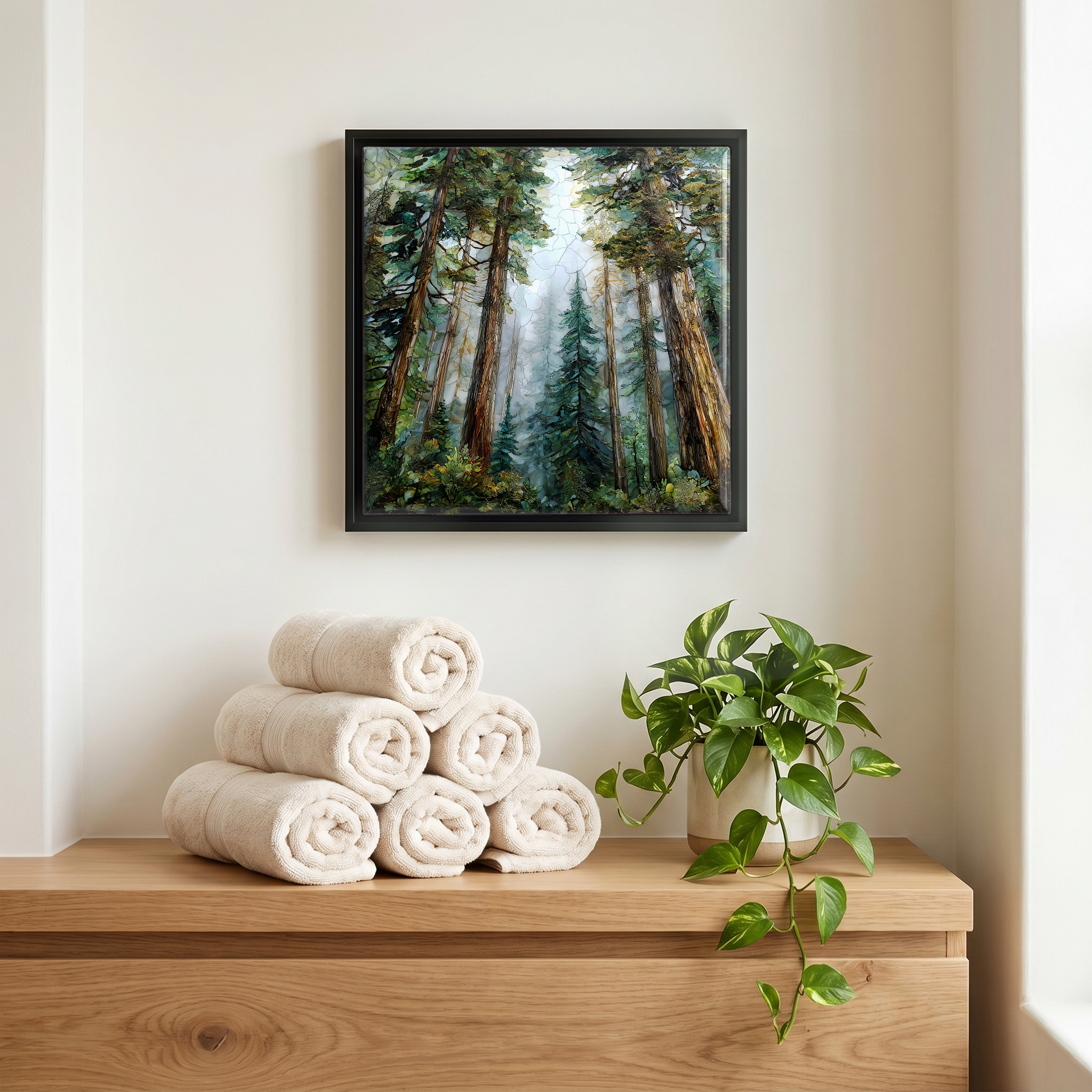Above the linens, in a slim black surround.