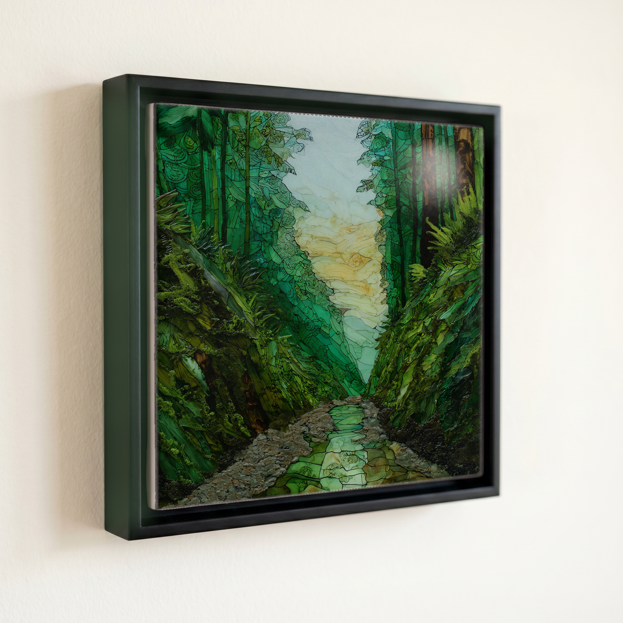 shown in a slim black floating frame · 6 × 6 in