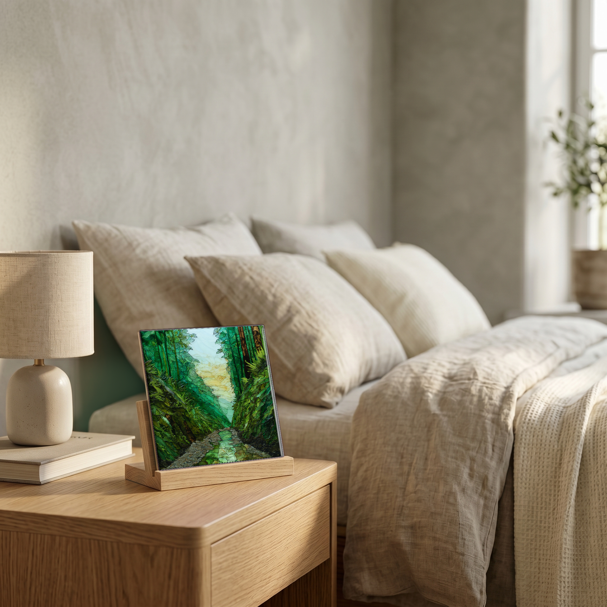 On the nightstand, on a light oak stand.