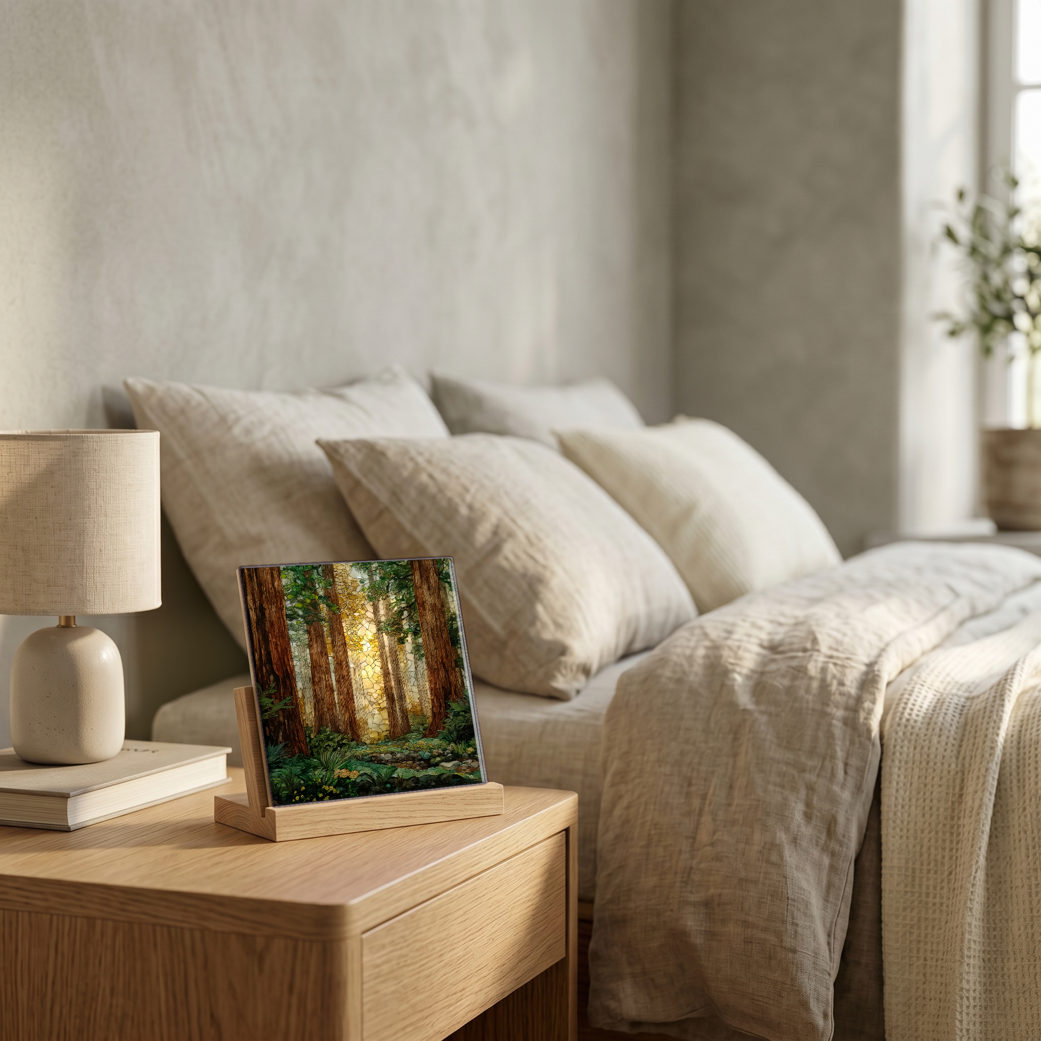 On the nightstand, on a light oak stand.