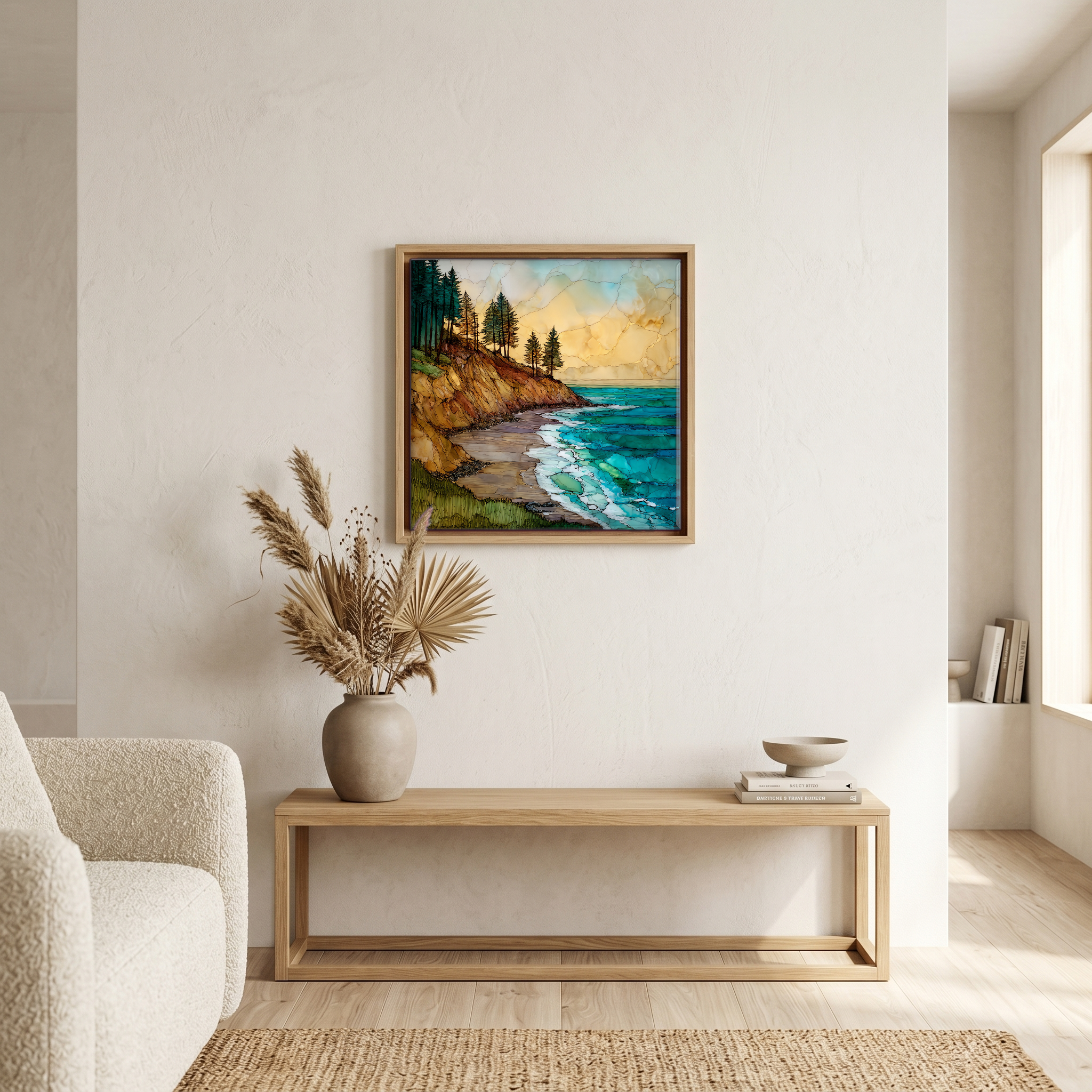 Above the bench, in a warm oak surround.