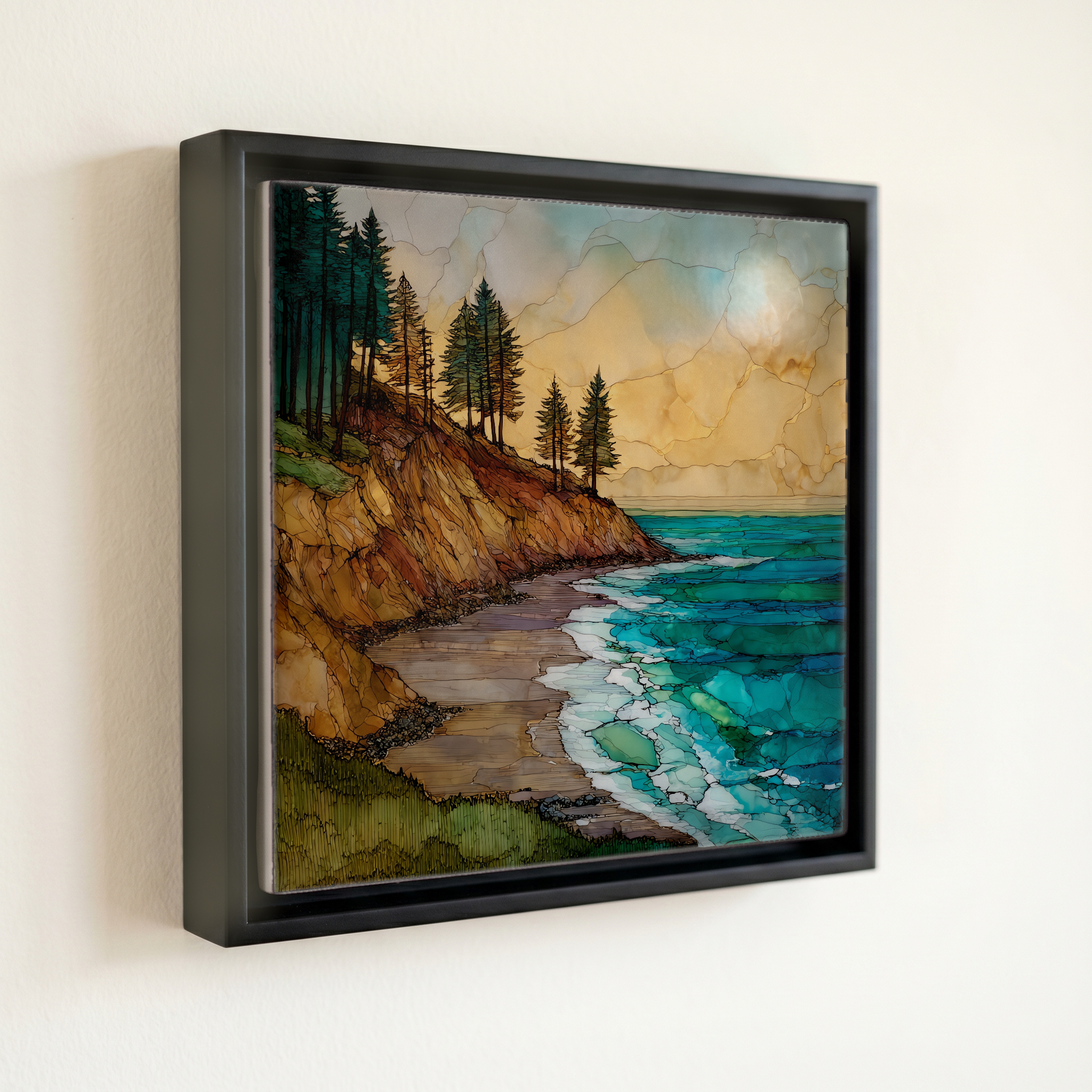 shown in a slim black floating frame · 6 × 6 in