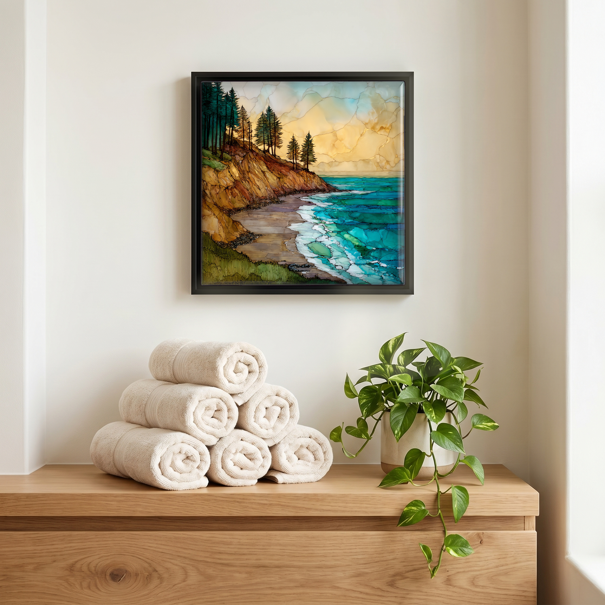 Above the linens, in a slim black surround.