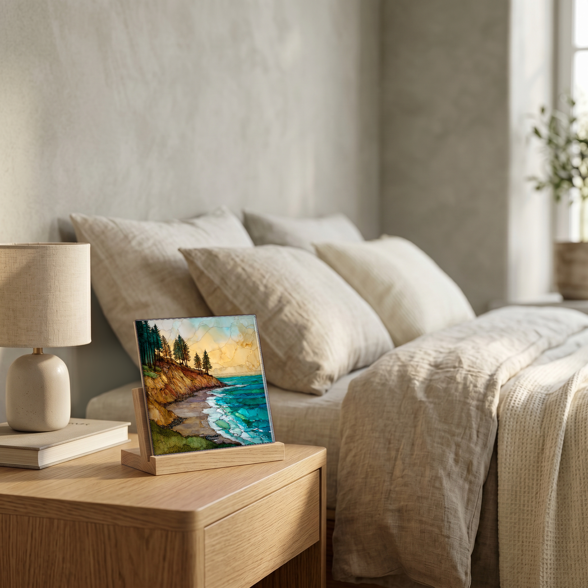 On the nightstand, on a light oak stand.