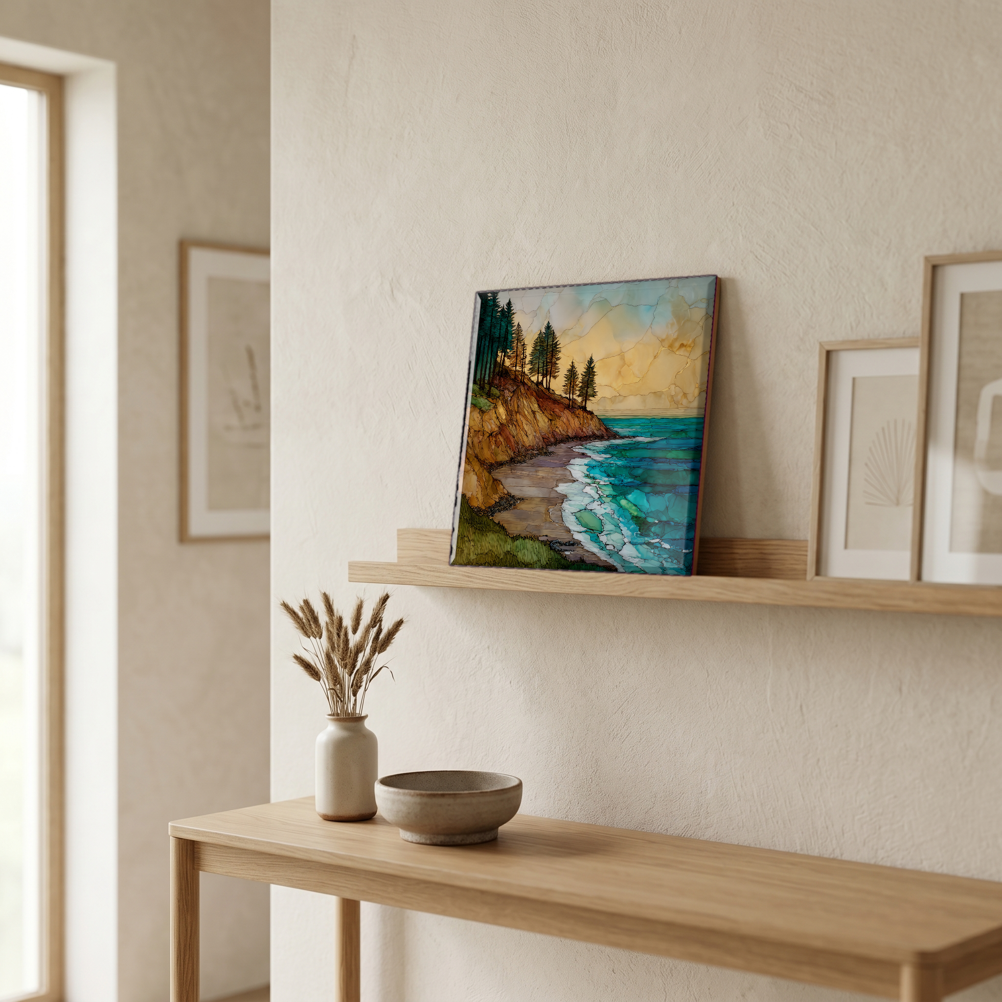 On a picture ledge, where the light comes in.