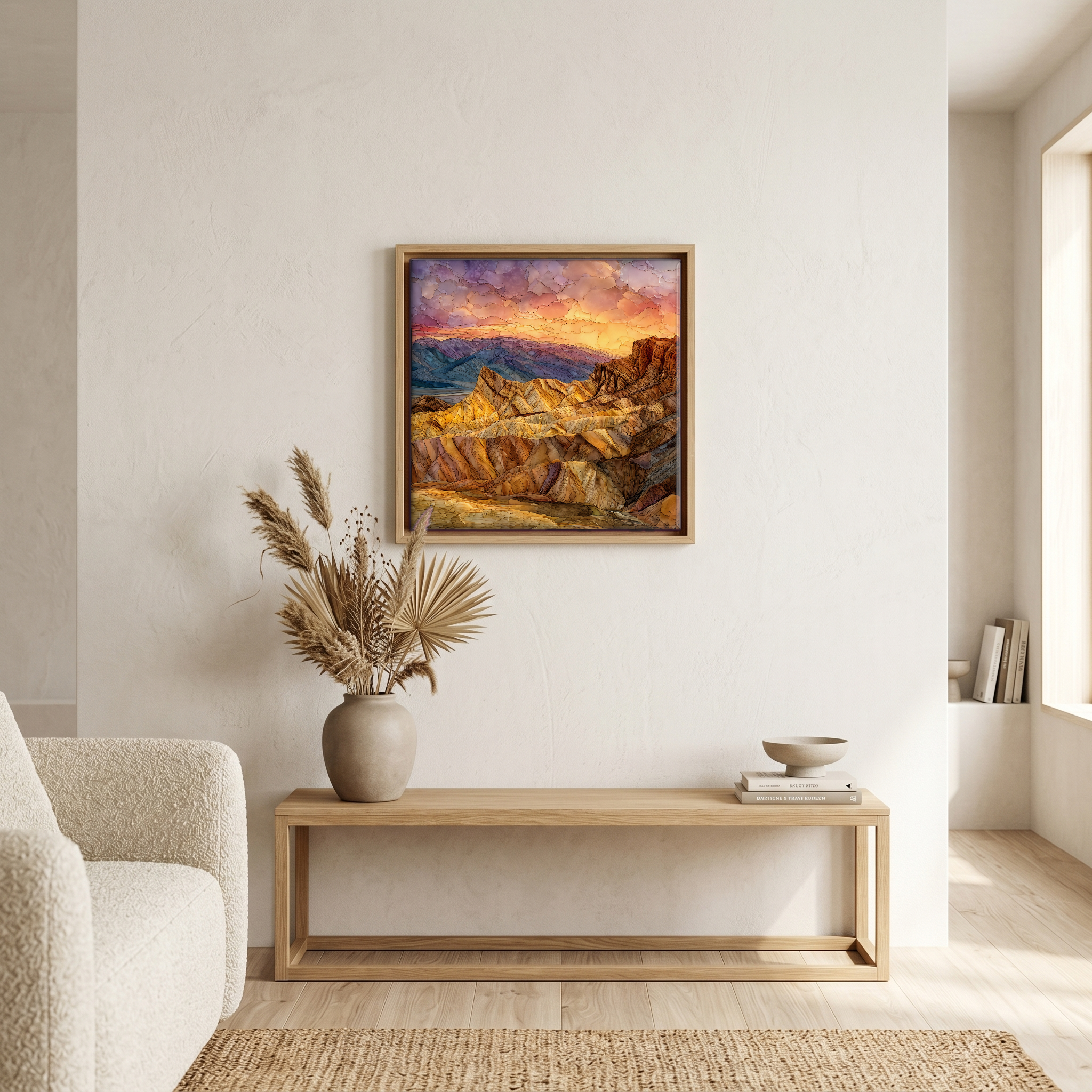Above the bench, in a warm oak surround.