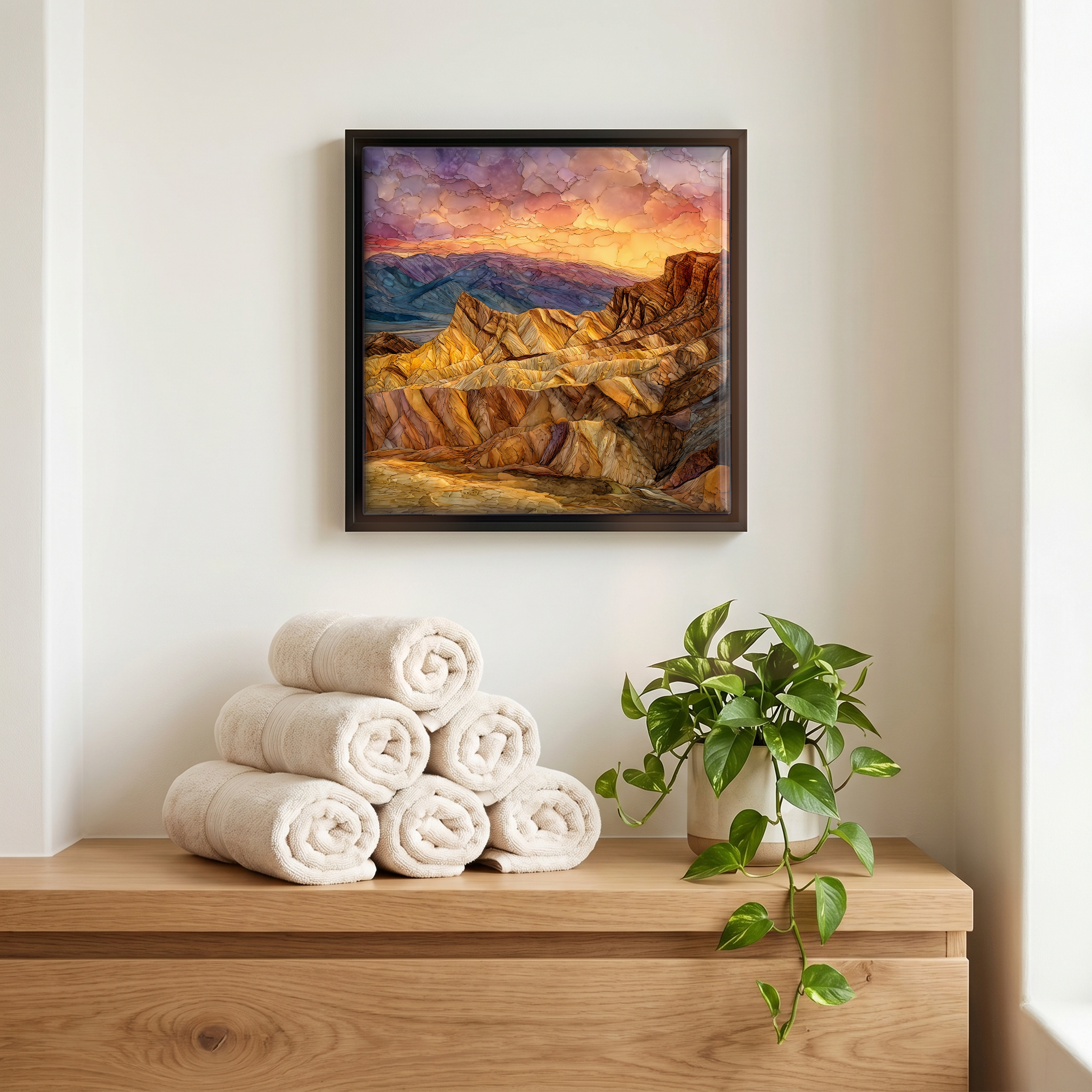 Above the linens, in a slim black surround.