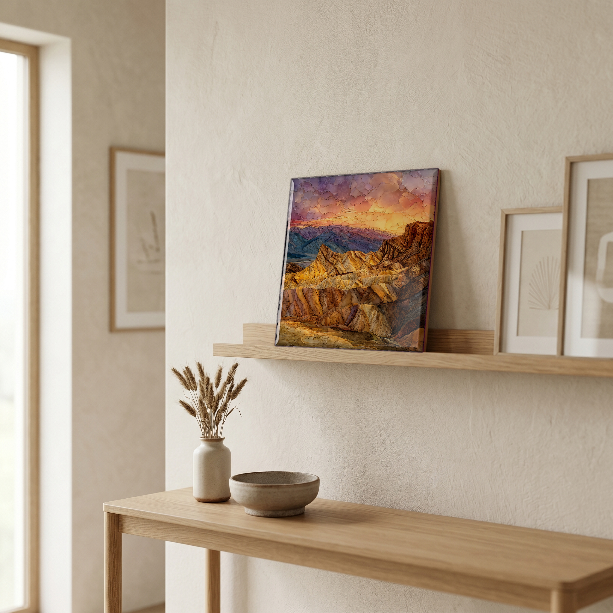 On a picture ledge, where the light comes in.