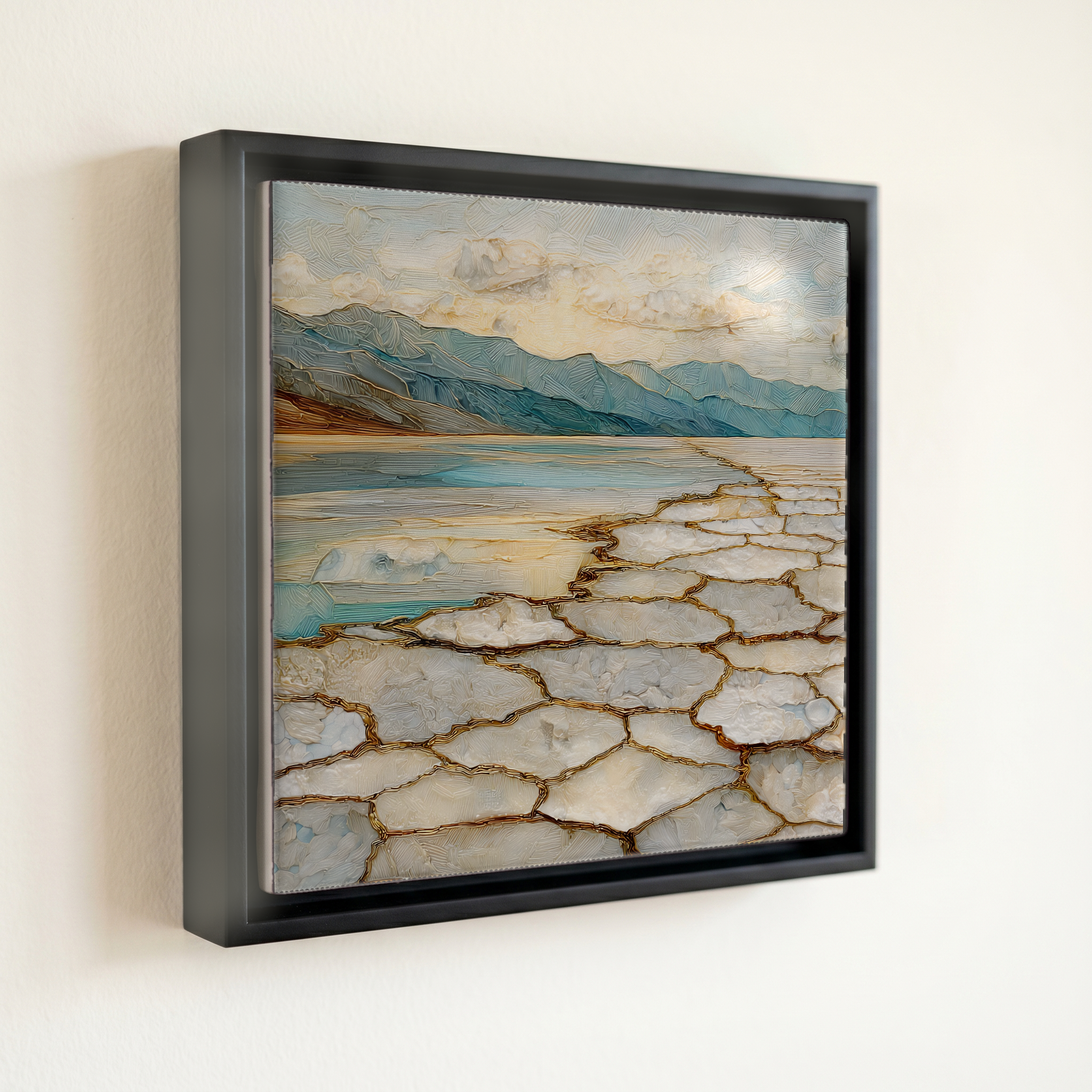 shown in a slim black floating frame · 6 × 6 in