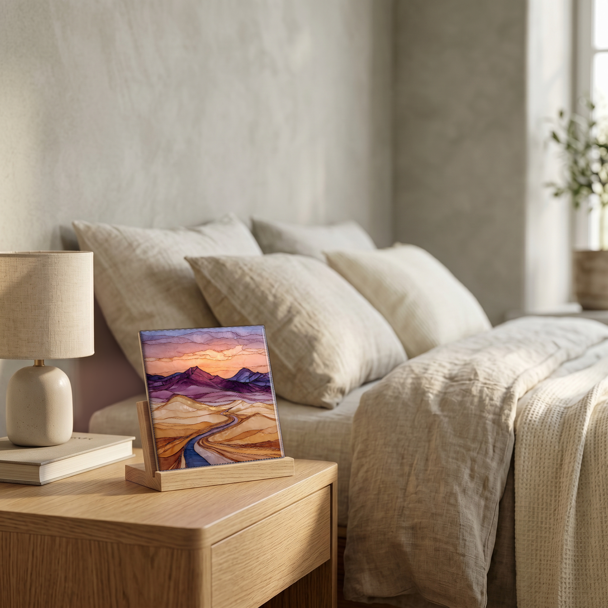 On the nightstand, on a light oak stand.