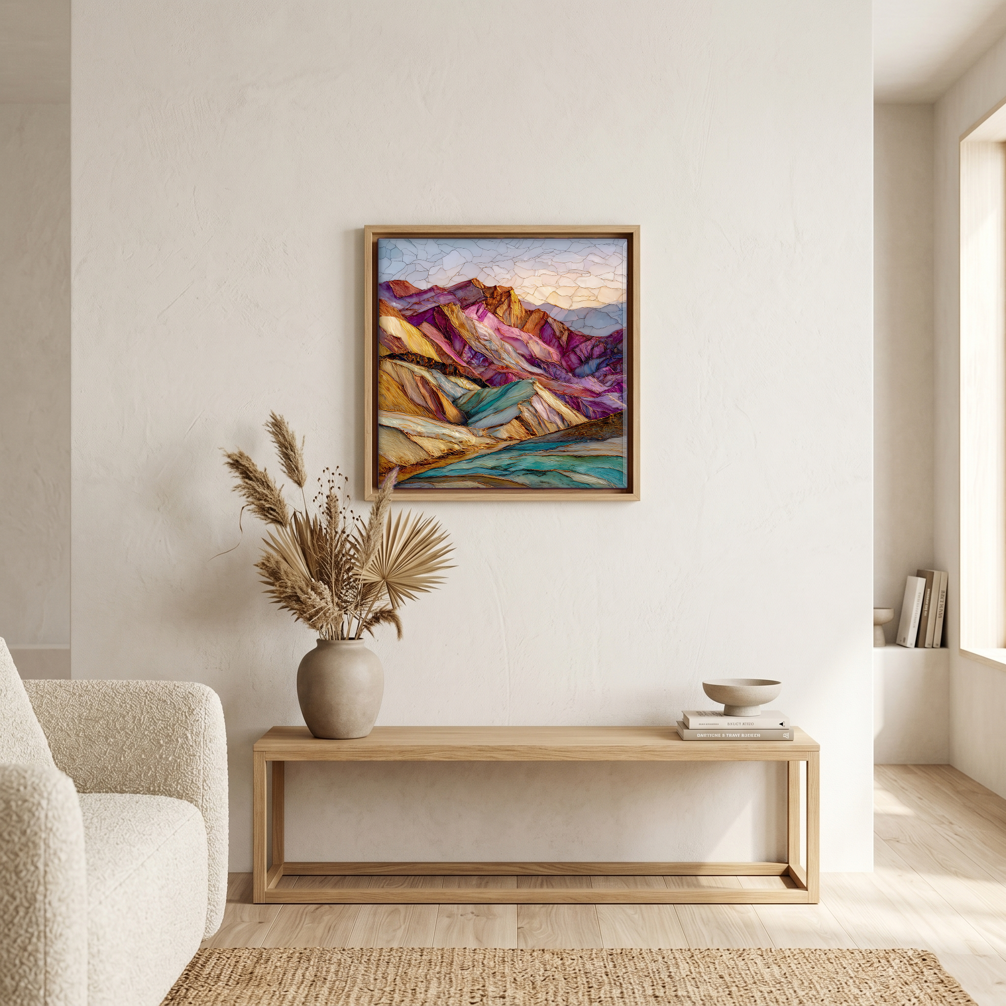 Above the bench, in a warm oak surround.