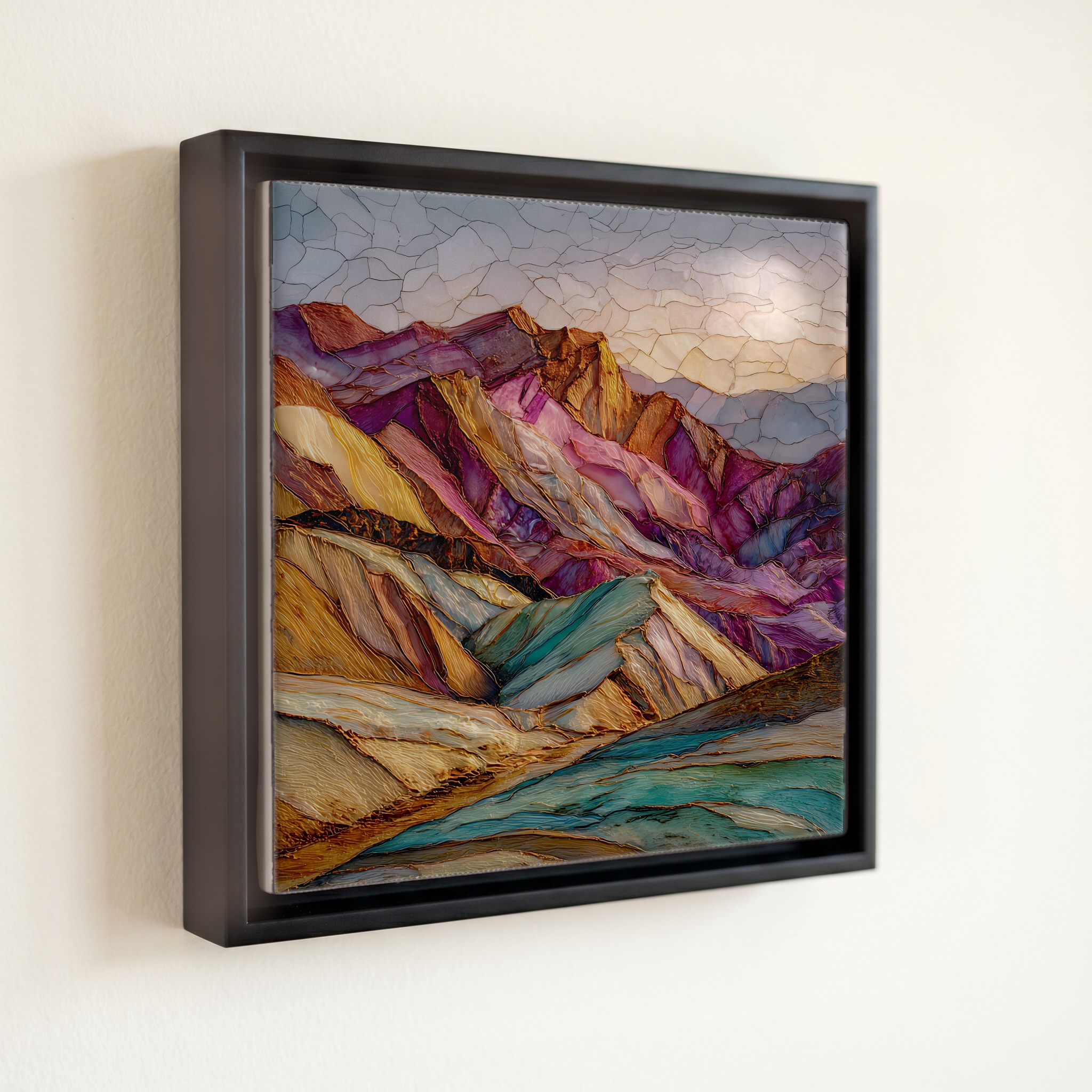 shown in a slim black floating frame · 6 × 6 in