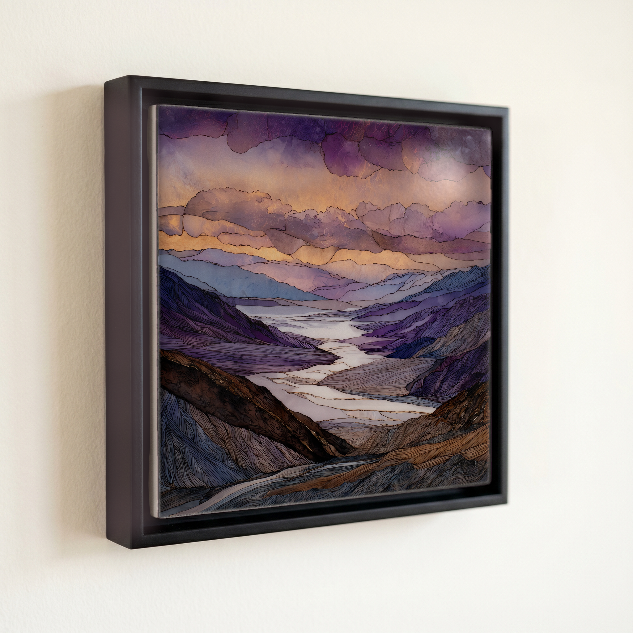 shown in a slim black floating frame · 6 × 6 in